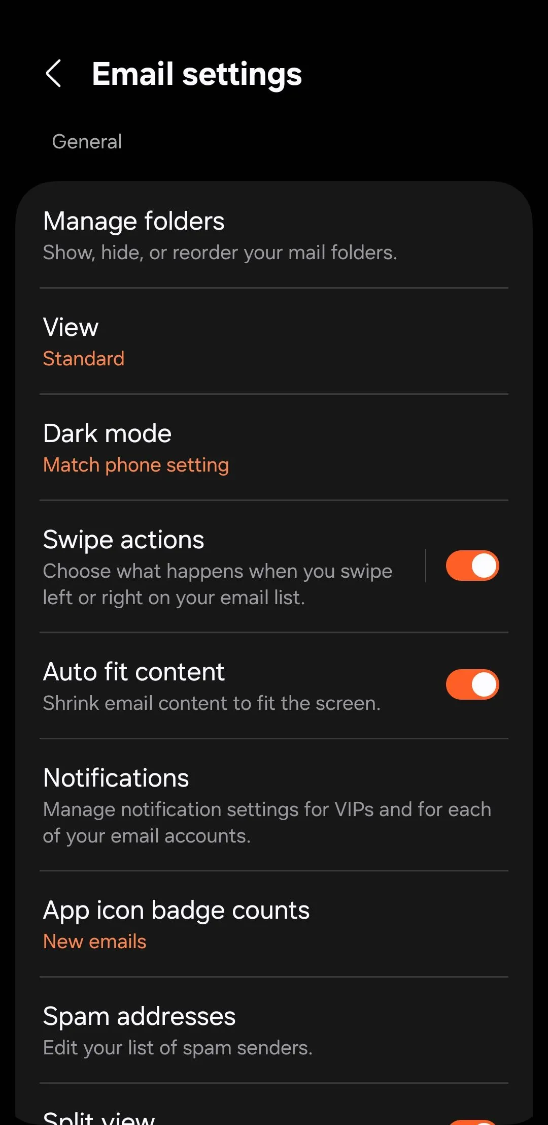 Màn hình cài đặt ứng dụng Samsung Email trên điện thoại Galaxy, cho phép tùy chỉnh các tài khoản email.