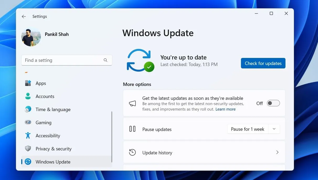 Màn hình Cập nhật Windows trong ứng dụng Cài đặt của Windows 11, cho thấy tình trạng cập nhật.