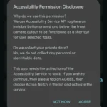 Màn hình cấp quyền trợ năng và đồng ý điều khoản trong ứng dụng Action Notch trên Android.