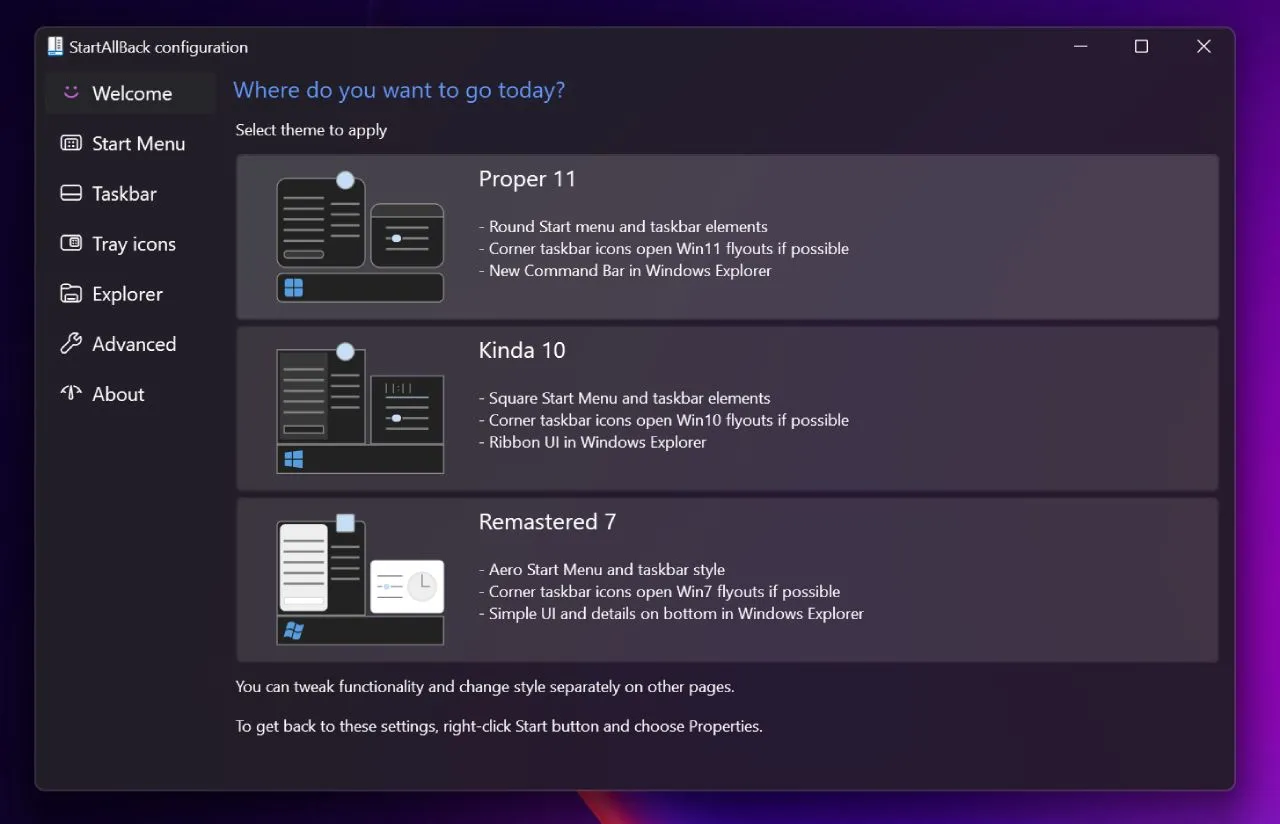 Màn hình chào mừng của ứng dụng Startallback trên Windows 11, hiển thị tùy chọn Start Menu