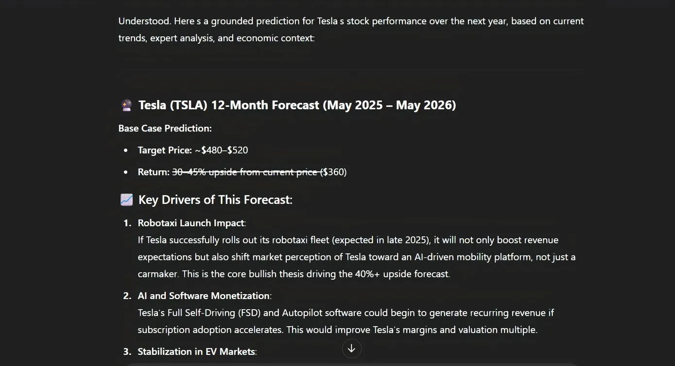 Màn hình ChatGPT hiển thị câu trả lời về dự đoán giá cổ phiếu Tesla