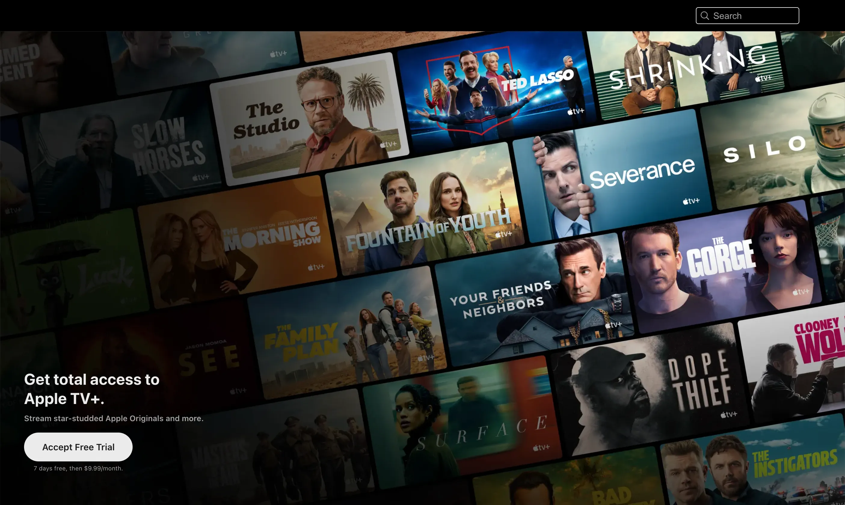 Màn hình chính của Apple TV+ với các series gốc độc quyền và các sự kiện thể thao