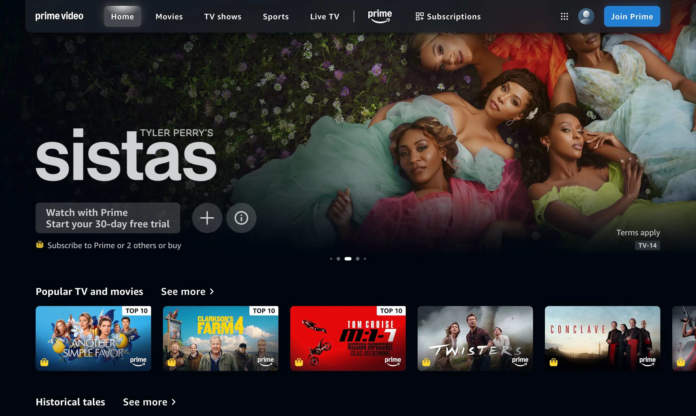 Màn hình chính của dịch vụ streaming Prime Video hiển thị các phim và series gốc