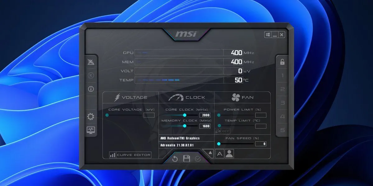 Màn hình chính của MSI Afterburner trên Windows 11