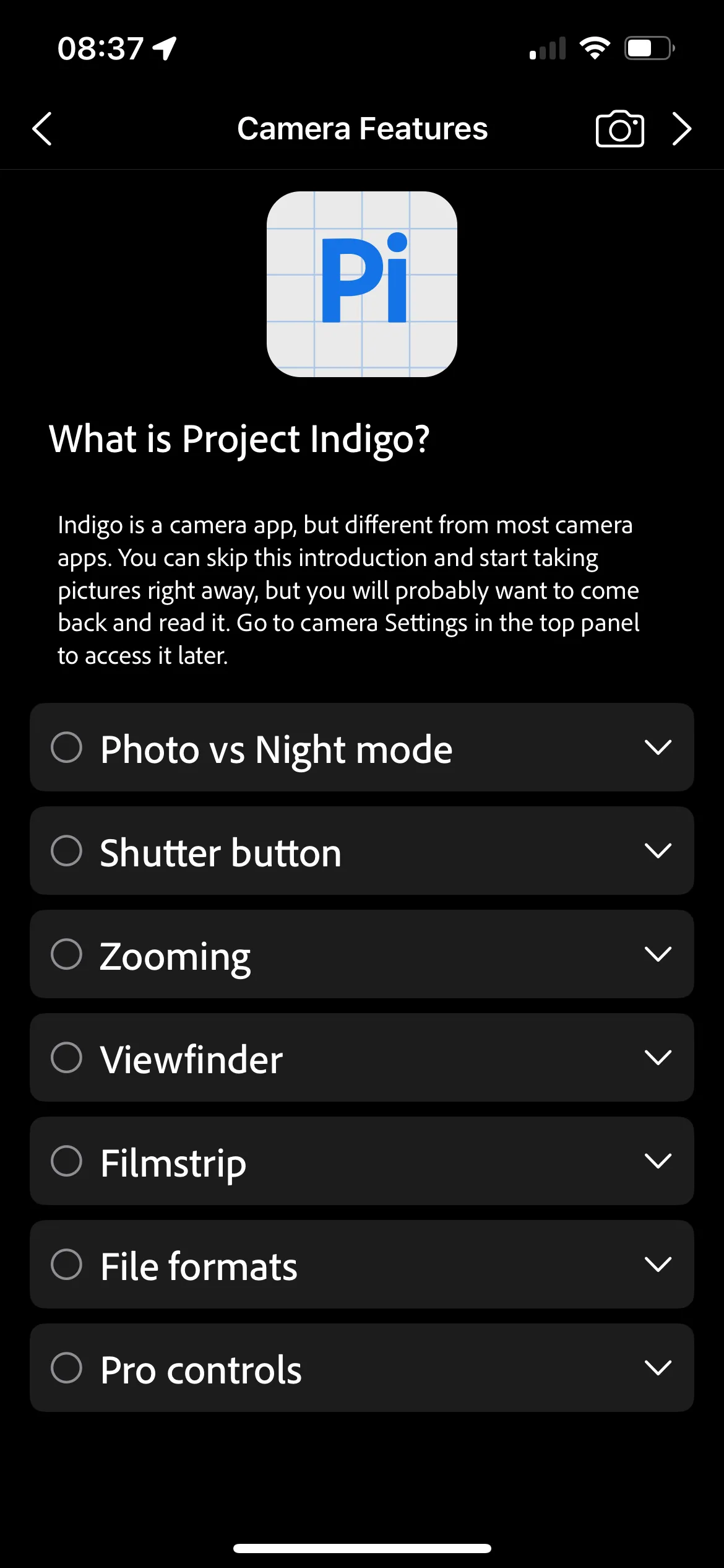 Màn hình chính của ứng dụng Adobe Project Indigo hiển thị giao diện chụp ảnh