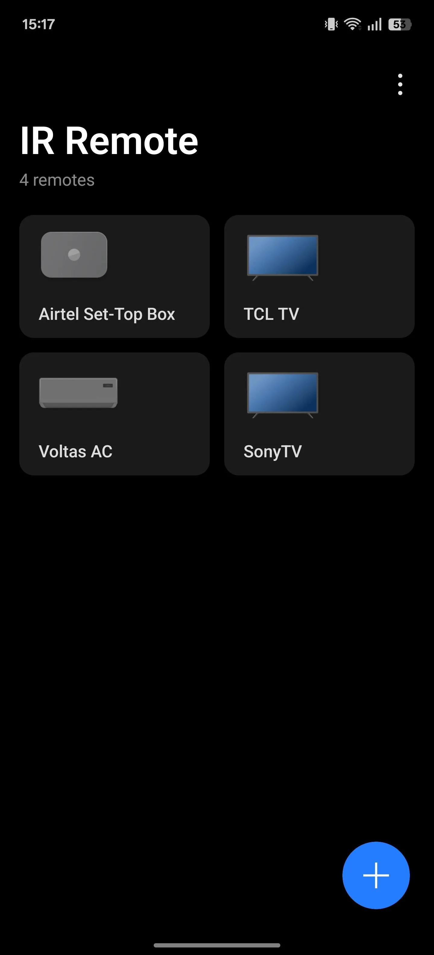 Màn hình chính của ứng dụng IR Remote trên điện thoại OnePlus, cho phép thêm và quản lý các điều khiển từ xa