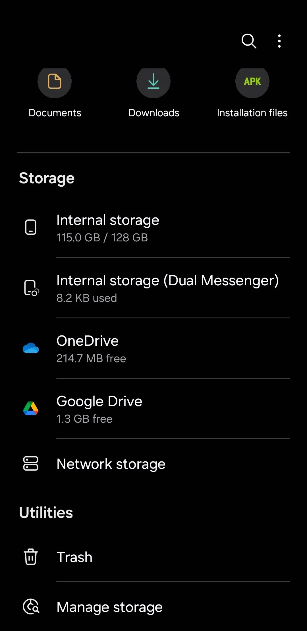 Màn hình chính của ứng dụng Quản lý tệp Samsung (My Files), hiển thị các thư mục và tùy chọn lưu trữ