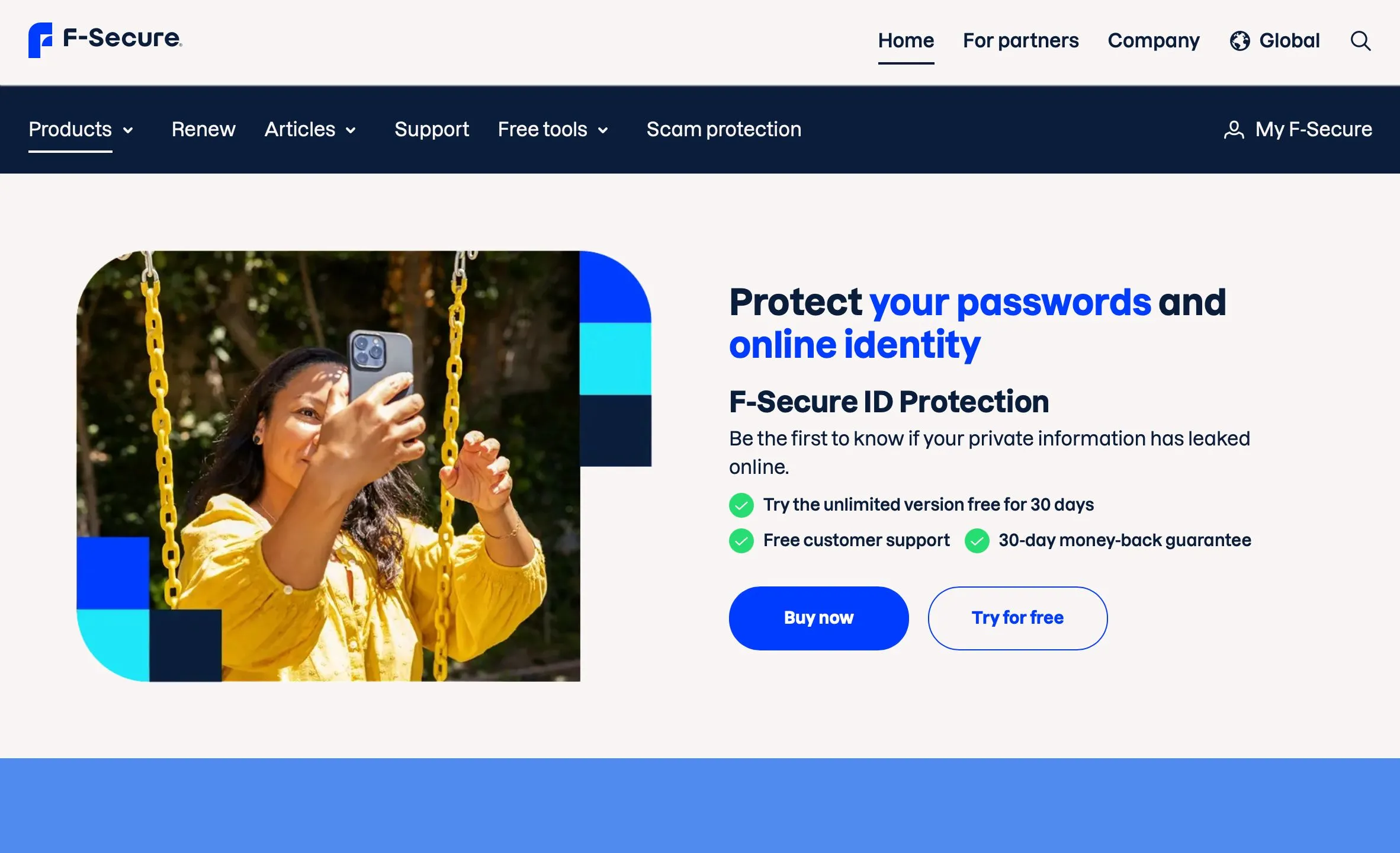 Màn hình chính dịch vụ giám sát ID của F-Secure, hiển thị giao diện thân thiện người dùng để theo dõi thông tin cá nhân. Từ khóa: giao diện F-Secure ID Protection, theo dõi dữ liệu rò rỉ.
