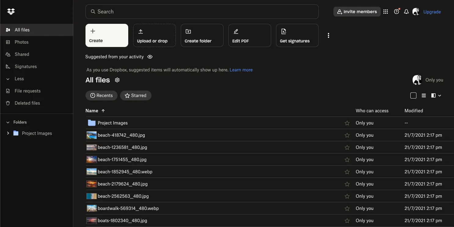 Màn hình chính Dropbox Vault