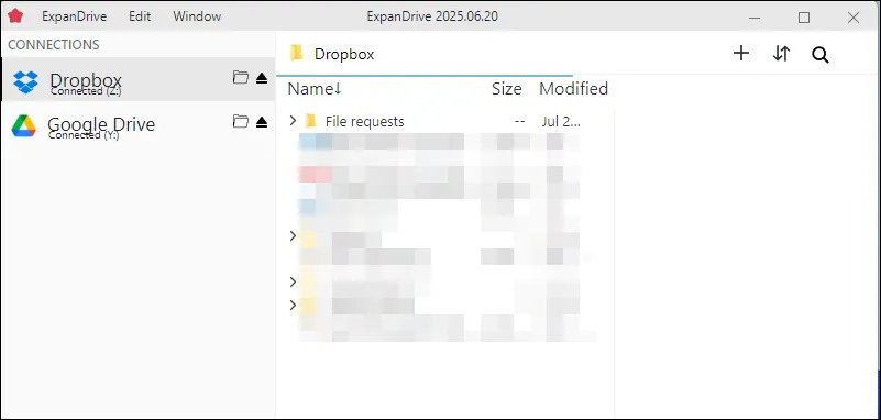 Màn hình chính ExpanDrive trên Windows 11, hiển thị các ổ đĩa đám mây đã gắn và giao diện quản lý file.