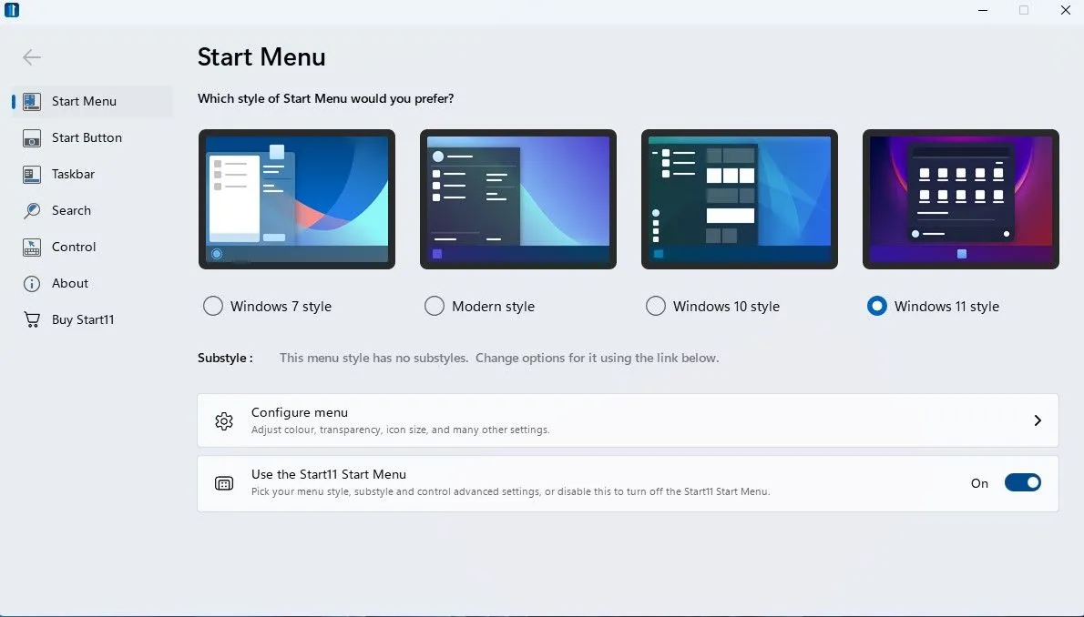 Màn hình chính Start11 hiển thị menu Start tùy chỉnh trên Windows 11