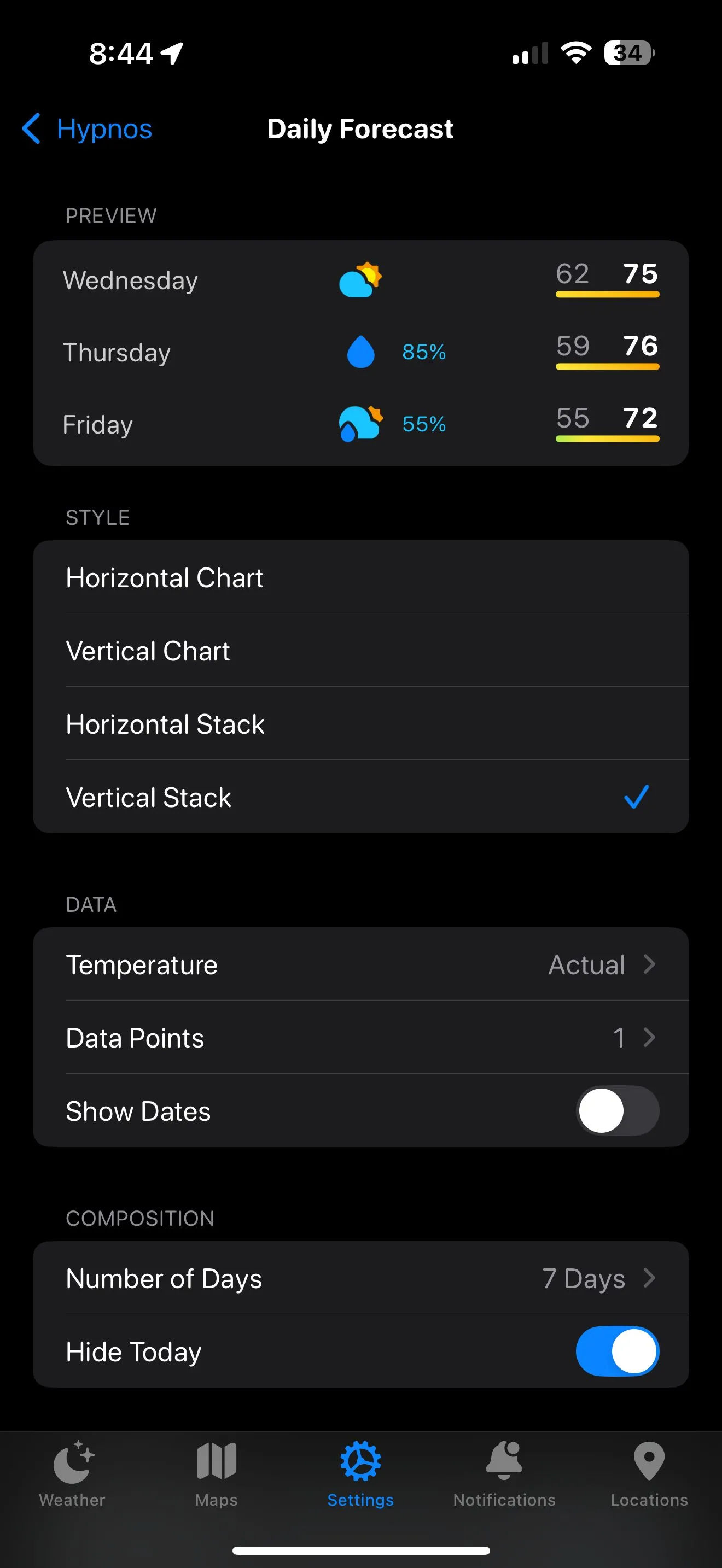 Màn hình chỉnh sửa chi tiết bố cục trong Carrot Weather, hiển thị các tùy chọn tùy biến dữ liệu thời tiết như lượng mưa.