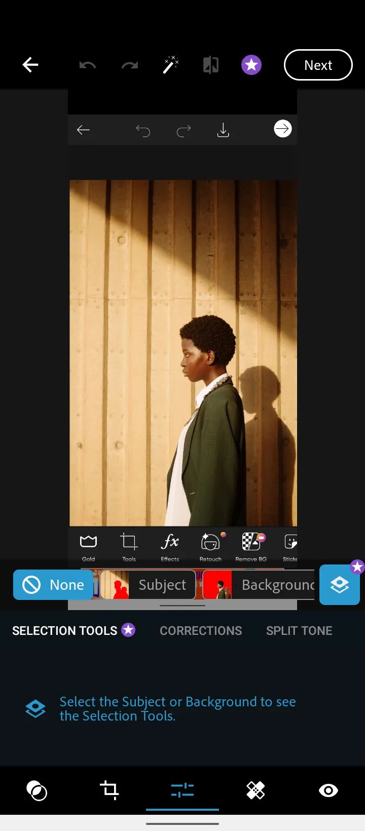 Màn hình chỉnh sửa của Adobe Photoshop Express hiển thị các tùy chọn và công cụ