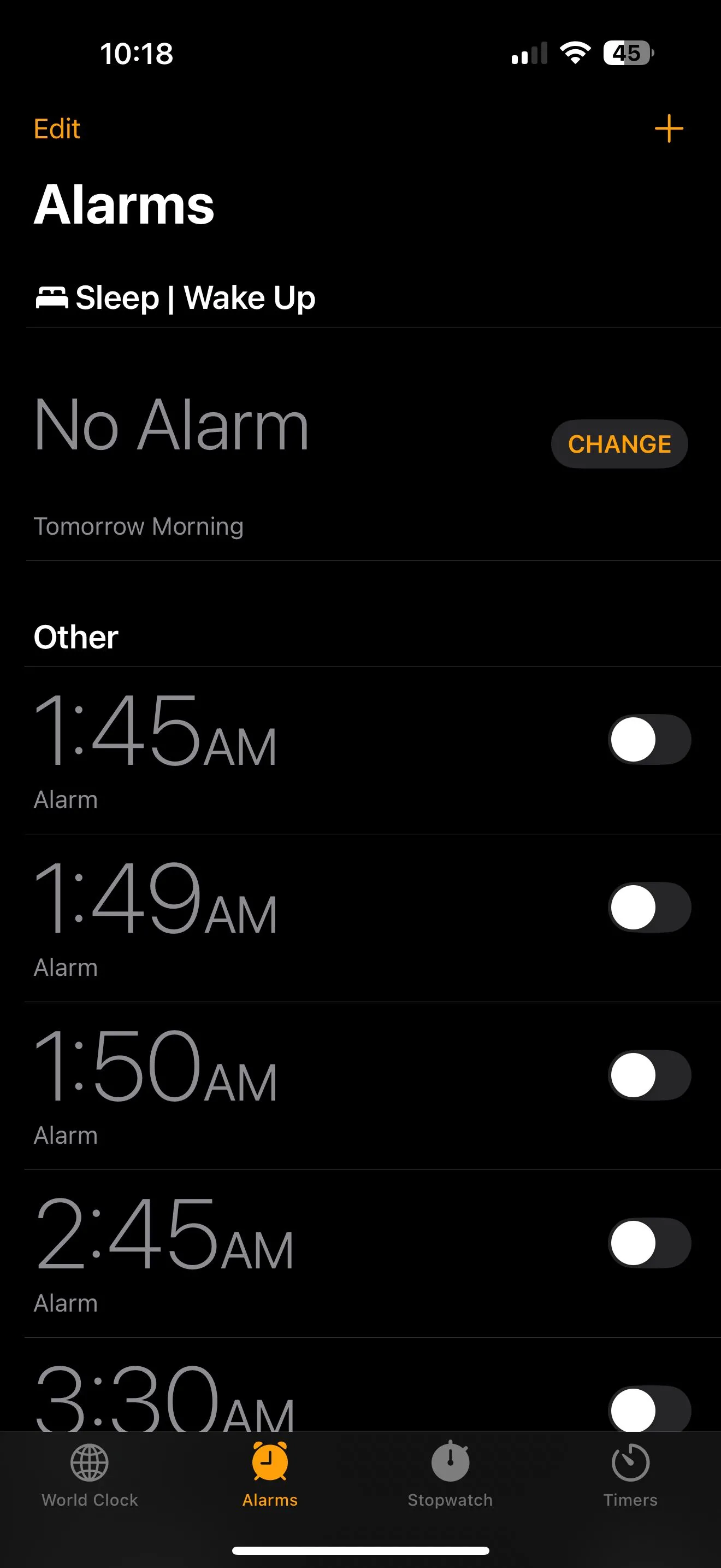 Màn hình chính ứng dụng Đồng hồ trên iPhone.