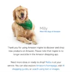 Màn hình chuyển hướng của Amazon Inspire với hình ảnh chú chó Milly và thông báo ngừng hoạt động.
