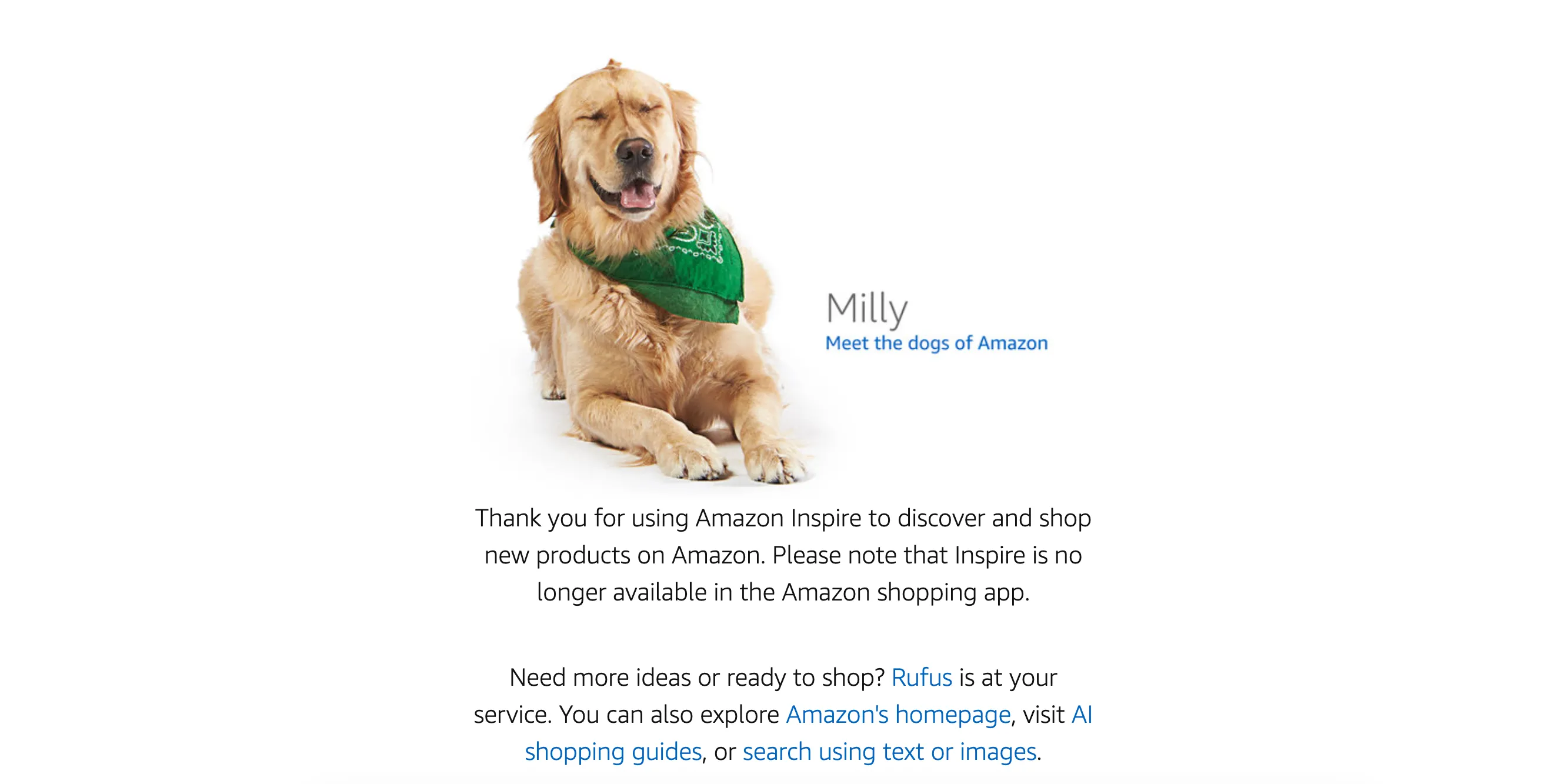 Màn hình chuyển hướng của Amazon Inspire với hình ảnh chú chó Milly và thông báo ngừng hoạt động.