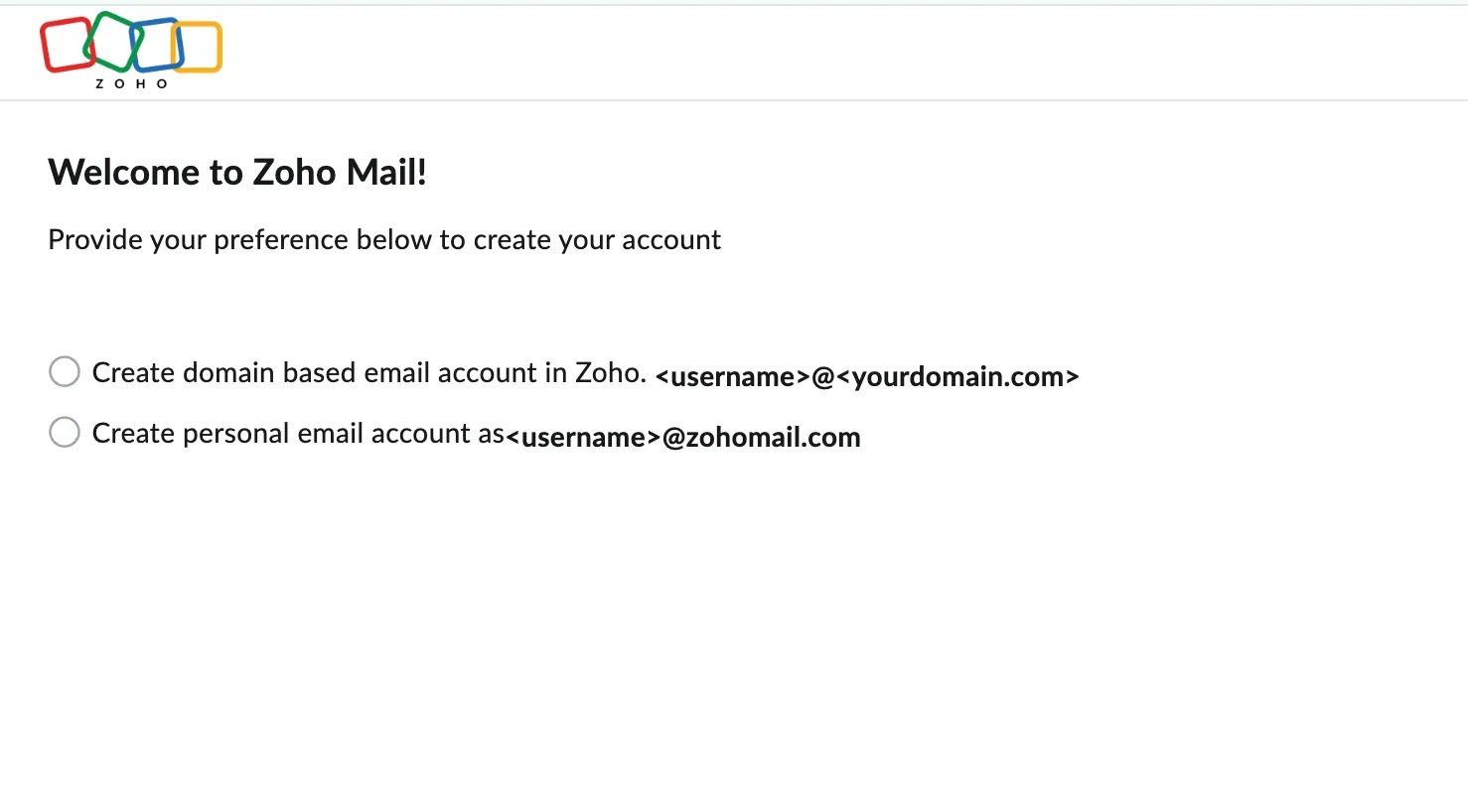 Màn hình đăng ký tài khoản Zoho Mail, cho thấy quy trình tạo email theo tên miền riêng cho doanh nghiệp.