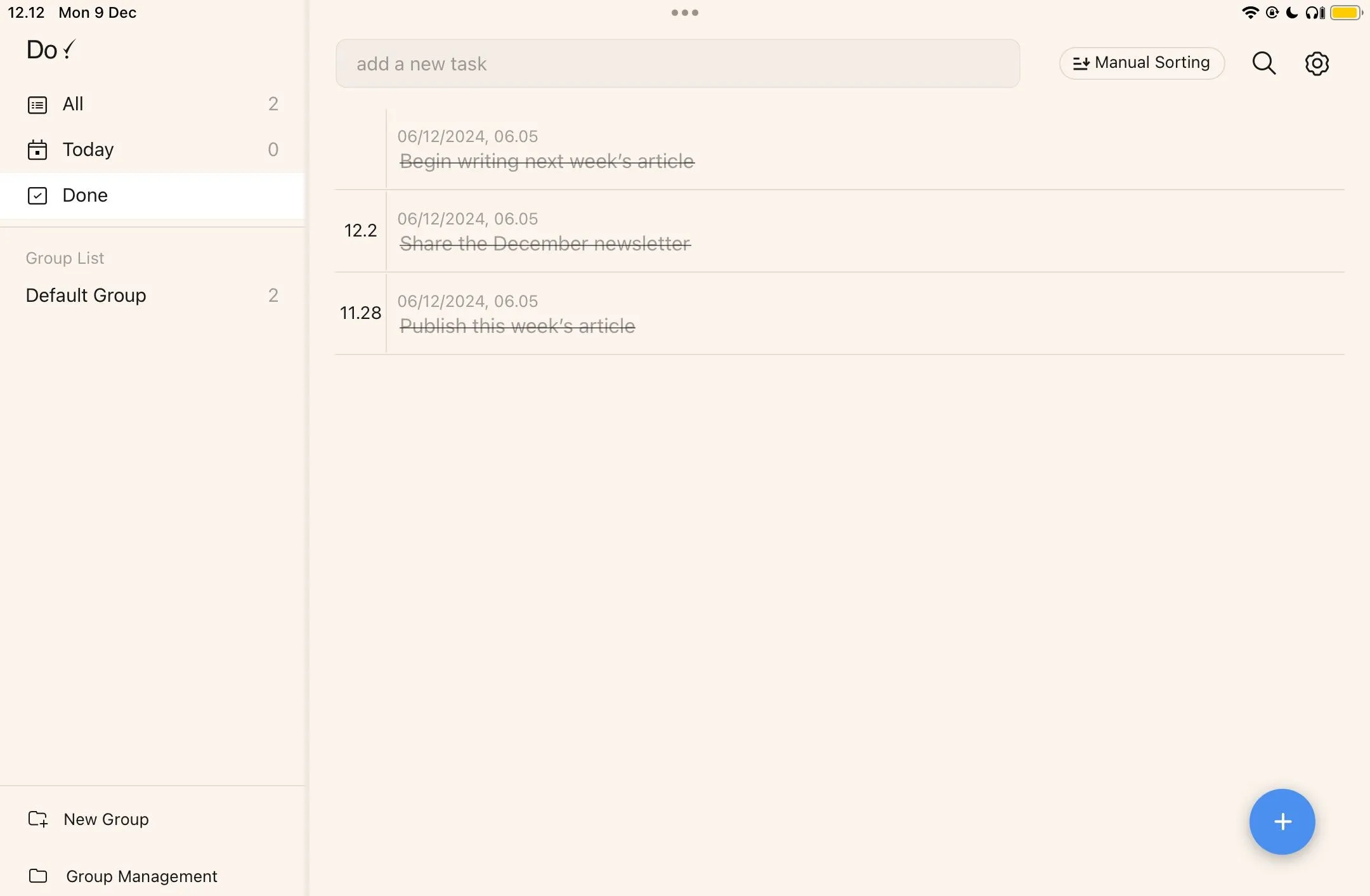 Màn hình &quot;Done List&quot; trong Do! App hiển thị danh sách các công việc đã được hoàn thành.