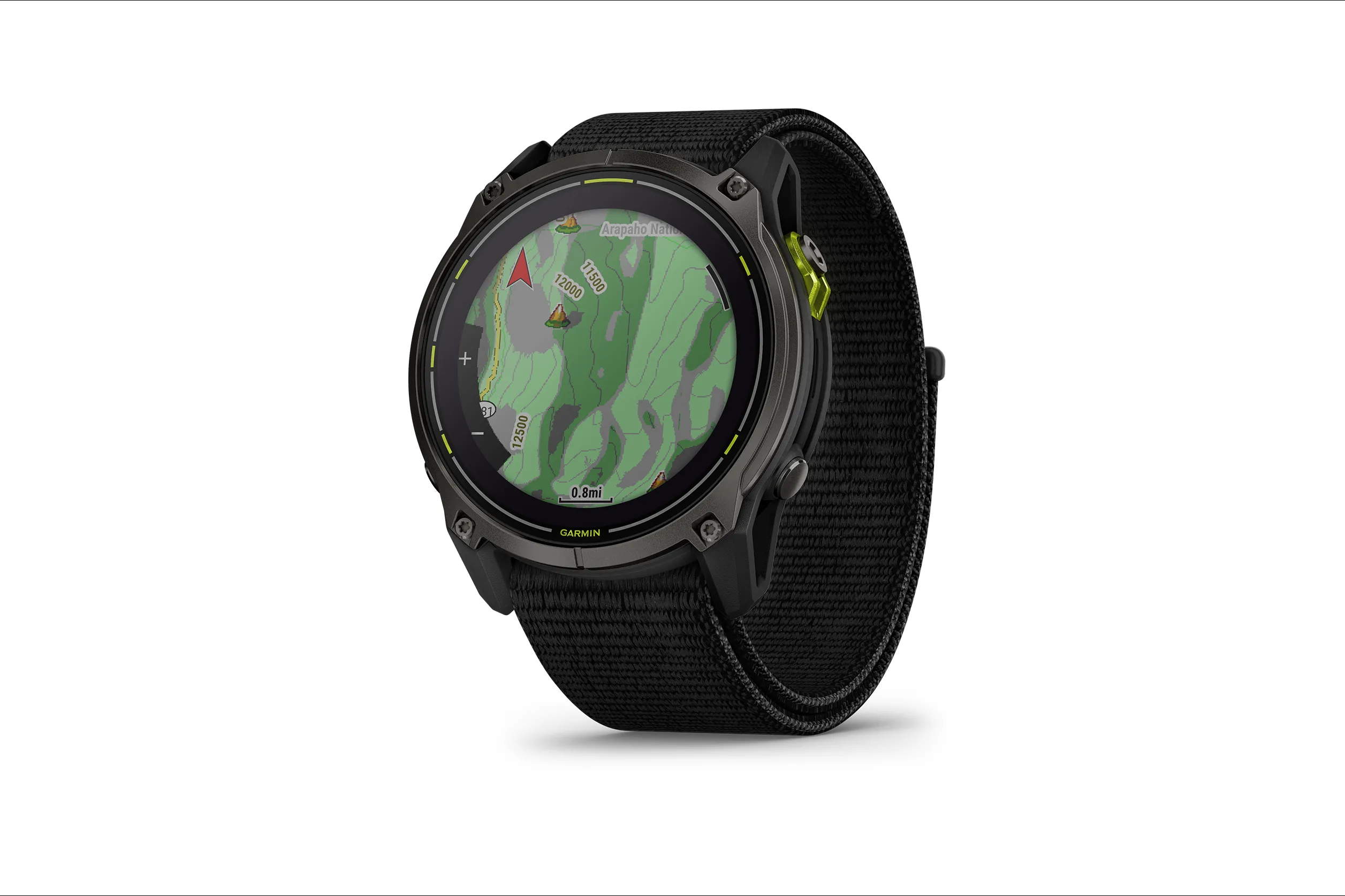 Màn hình đồng hồ Garmin hiển thị bản đồ GPS, nhấn mạnh khả năng định vị và điều hướng ngoài trời chính xác.