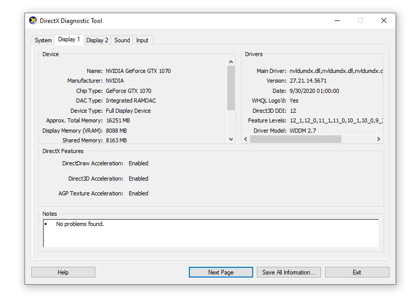 Màn hình DxDiag hiển thị chi tiết GPU