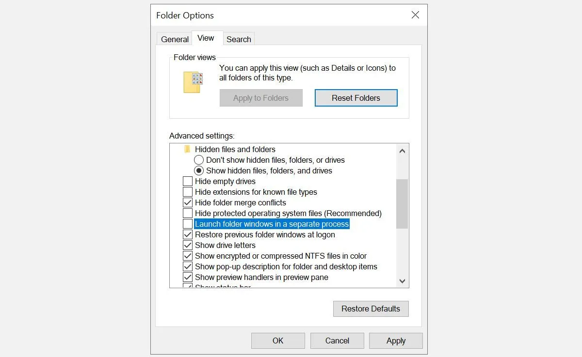 Màn hình &quot;Folder Options&quot; trên Windows, với tab View và tùy chọn &quot;Launch folder windows in a separate process&quot;.