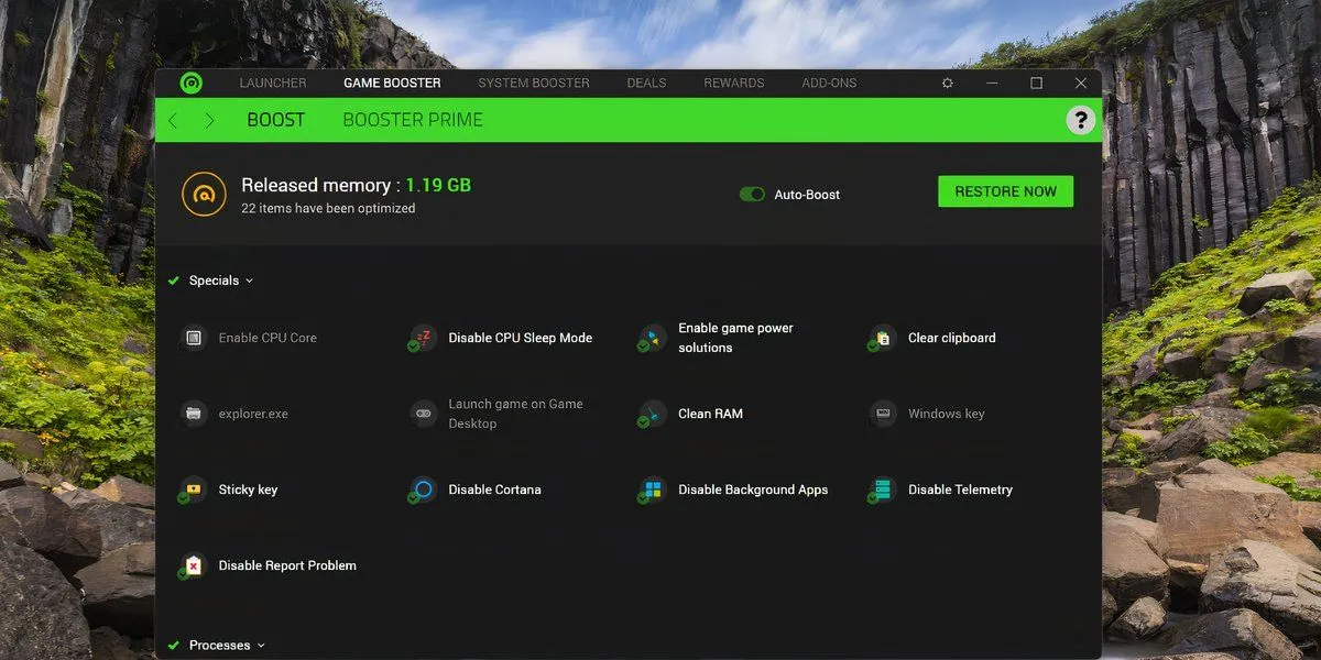 Màn hình Game Booster trong ứng dụng Razer Cortex trên Windows 11