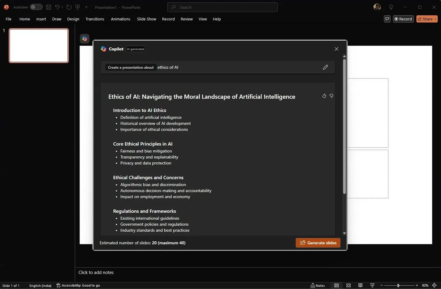 Màn hình giao diện Copilot trong PowerPoint khi tạo bài thuyết trình mới từ câu lệnh "AI ethics"