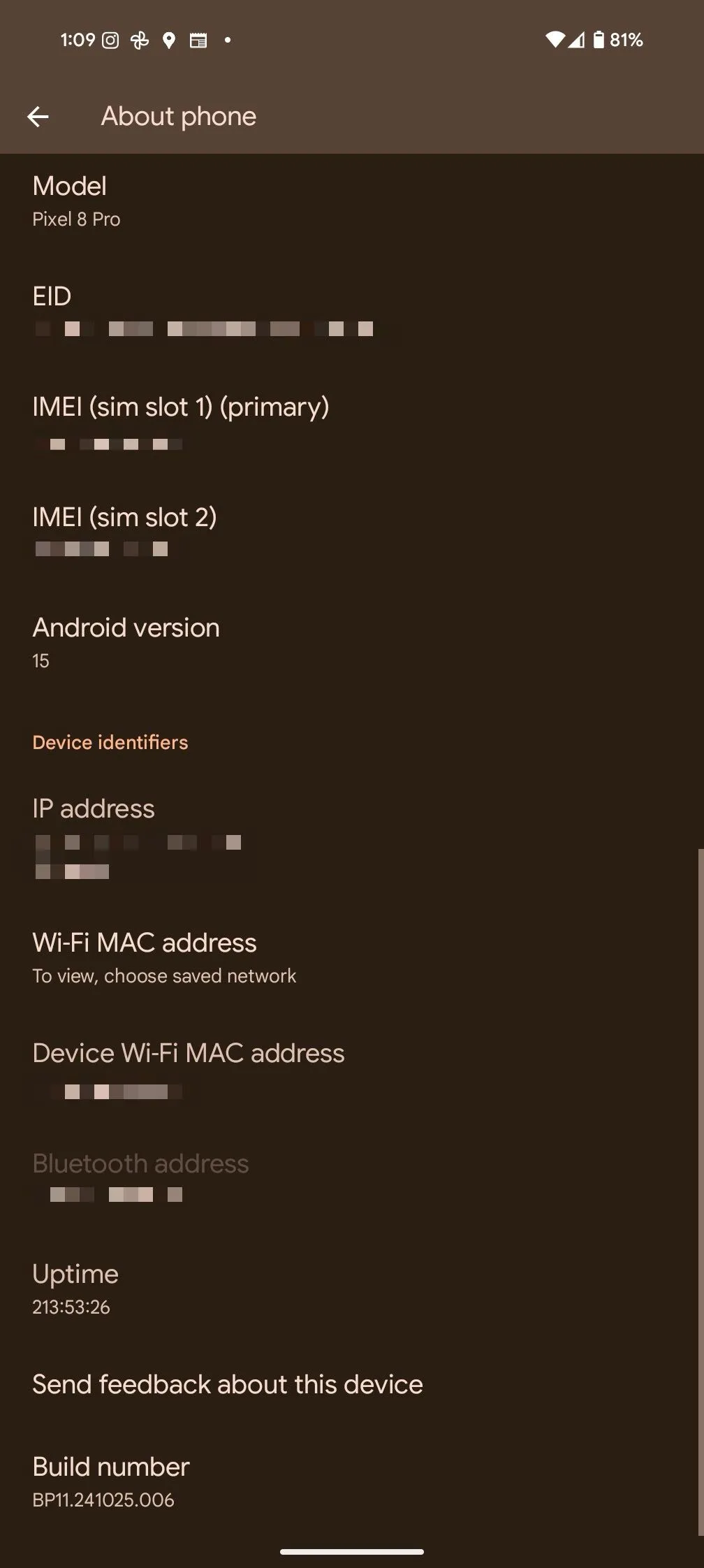 Màn hình "Giới thiệu về điện thoại" trên Pixel 8 Pro hiển thị thông tin phiên bản phần mềm để bật Tùy chọn nhà phát triển.
