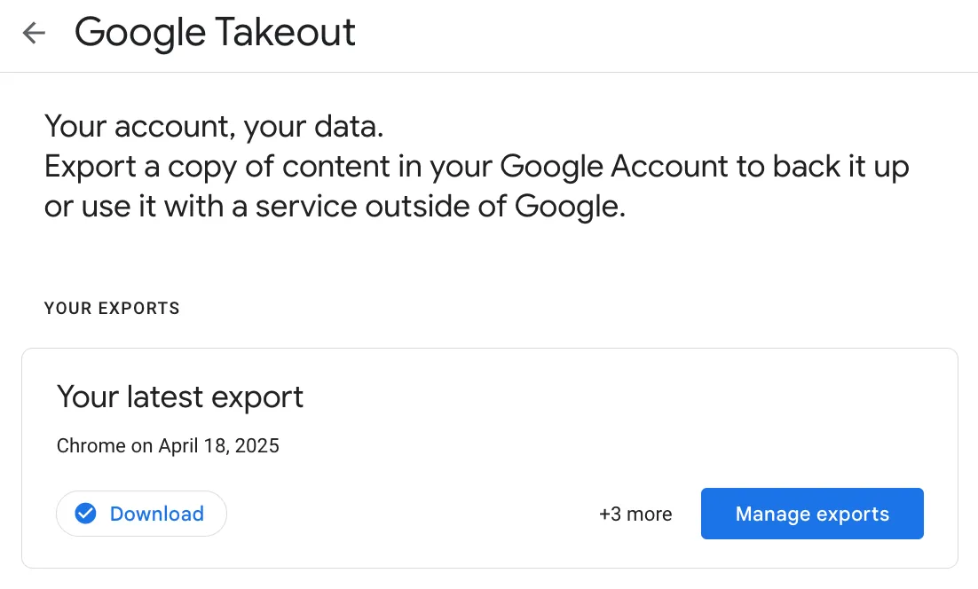Màn hình Google Takeout thông báo đã sẵn sàng xuất dữ liệu sao lưu trình duyệt