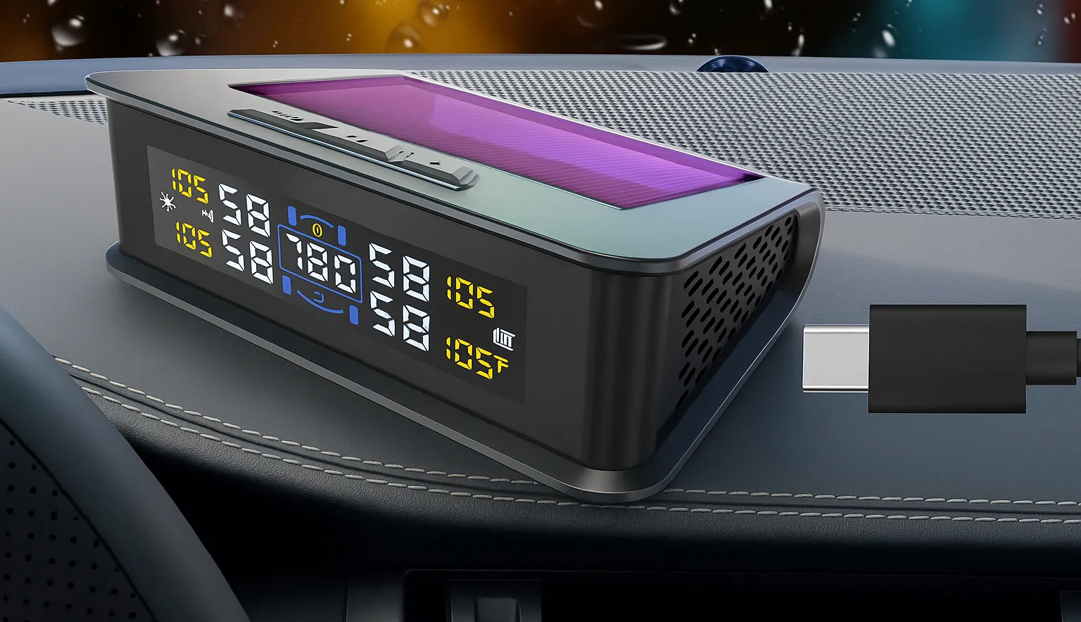 Màn hình hiển thị áp suất lốp ô tô kỹ thuật số với cáp USB.