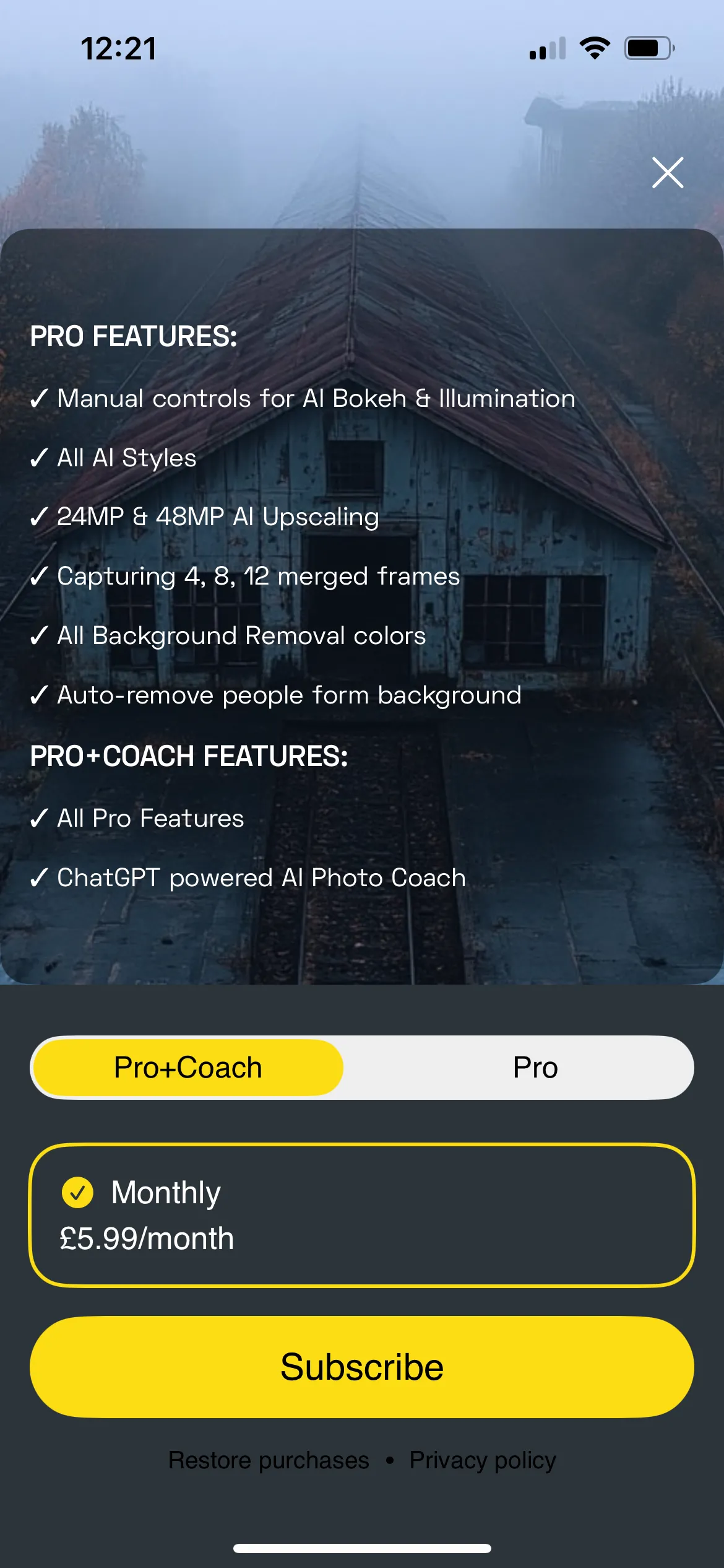 Màn hình hiển thị các tính năng nâng cao của NeuralCam Pro và tùy chọn PhotoCoach, trợ lý nhiếp ảnh AI