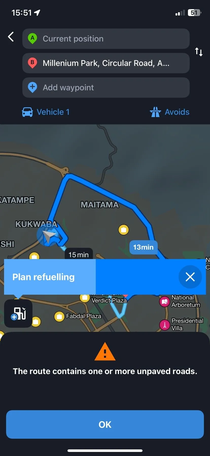Màn hình hiển thị lộ trình dẫn đường 3D trên ứng dụng Sygic GPS Navigation.
