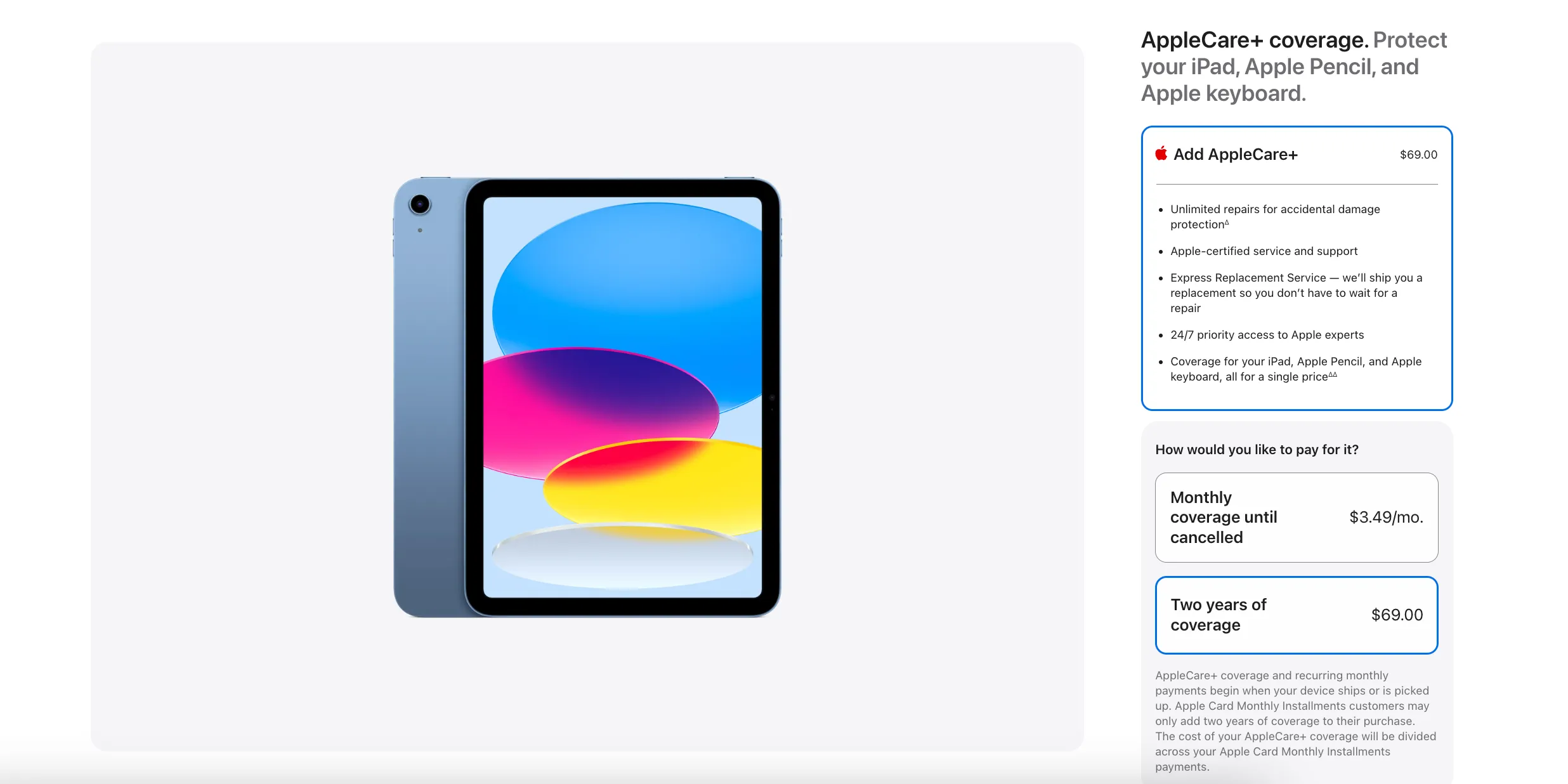 Màn hình iPad hiển thị các tùy chọn mua AppleCare+ trả trước và thuê bao trên trang web của Apple
