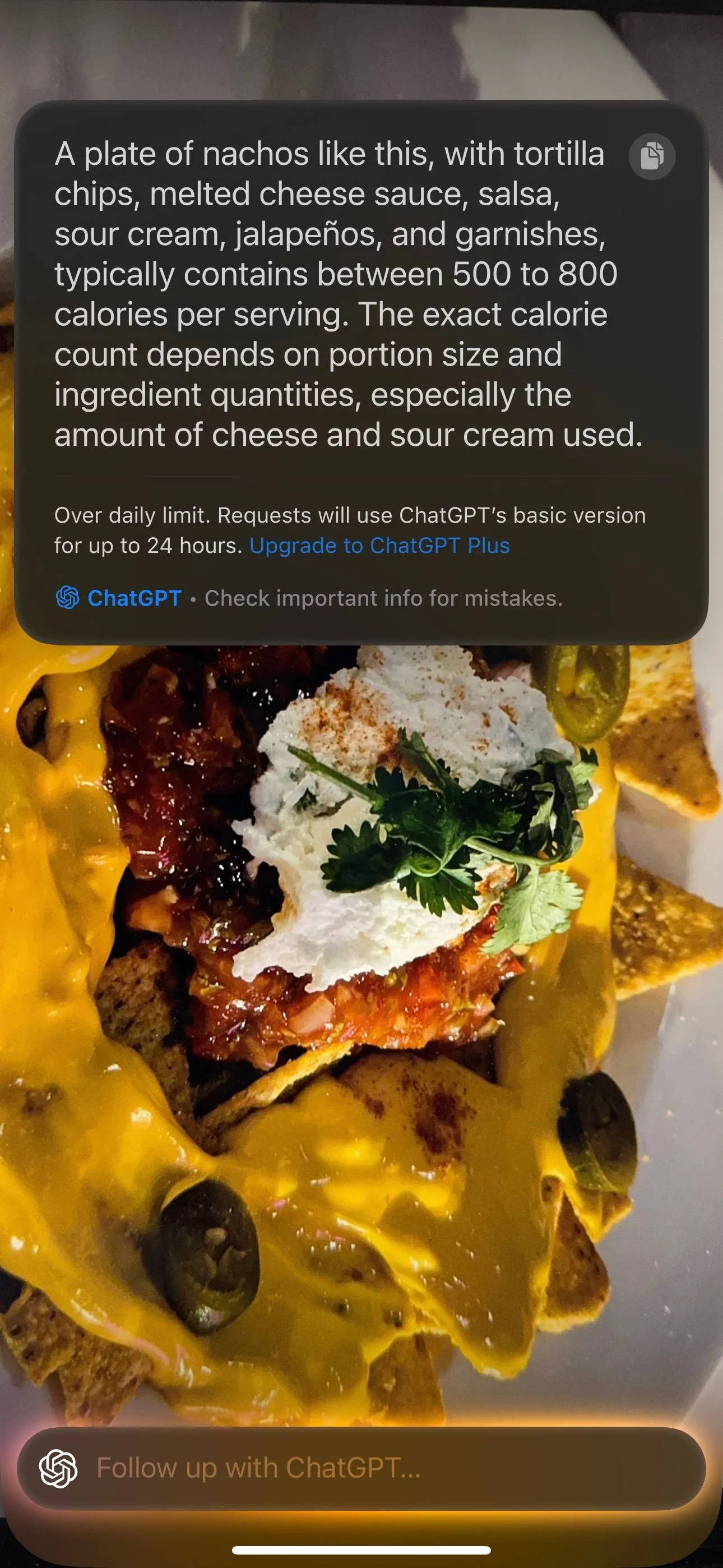 Màn hình iPhone 15 Pro hiển thị tính năng Visual Intelligence đang phân tích món ăn để ước tính lượng calo.