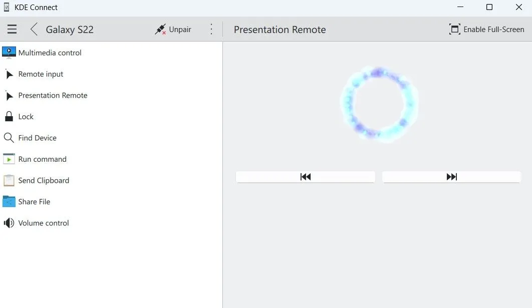 Màn hình KDE Connect trên máy tính Windows đang bật chế độ điều khiển trình chiếu