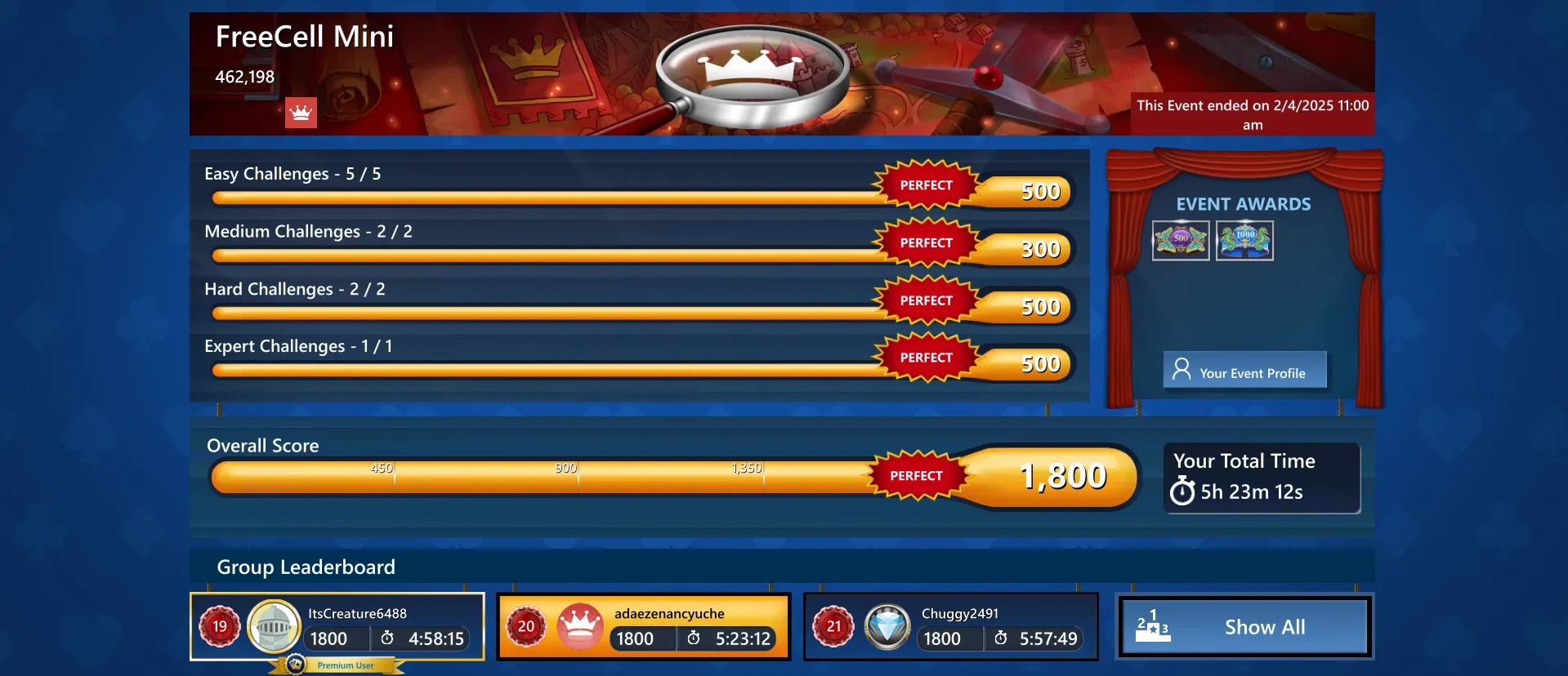 Màn hình kết quả một sự kiện hàng ngày trong Microsoft Solitaire trên PC, minh họa khả năng thành công mà không cần tài khoản cao cấp.