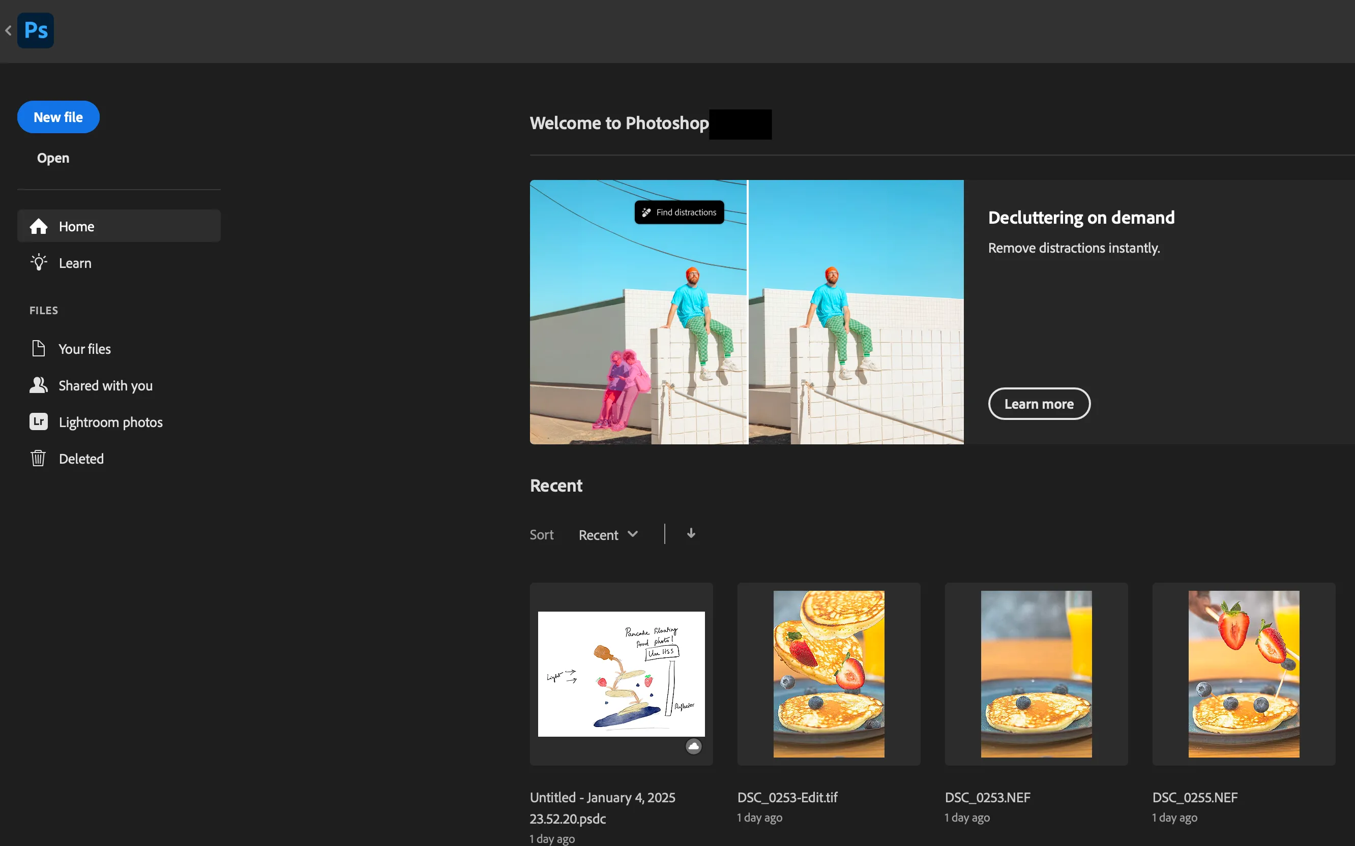 Màn hình khởi động Adobe Photoshop hiển thị các dự án gần đây và tùy chọn tạo mới.