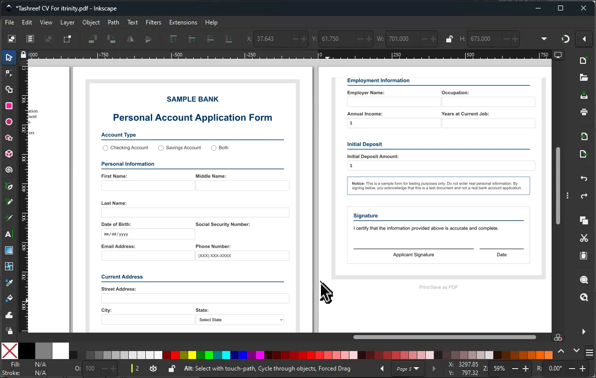 Màn hình làm việc của Inkscape khi chỉnh sửa file PDF với các công cụ đồ họa vector.