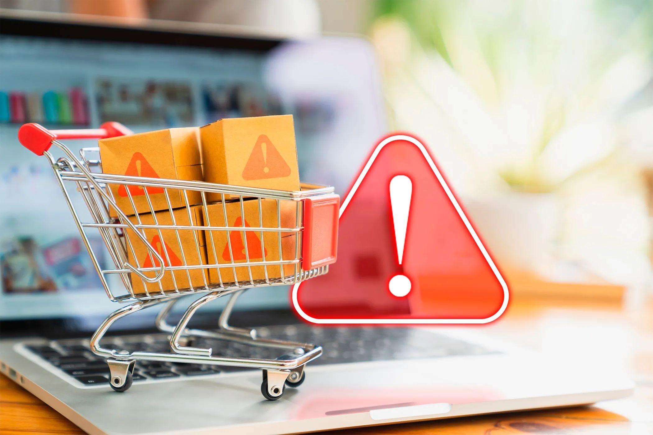 Màn hình laptop hiển thị giỏ hàng trực tuyến và biểu tượng cảnh báo, tượng trưng cho những rủi ro bảo mật tiềm ẩn khi mua sắm online và sử dụng thẻ thành viên