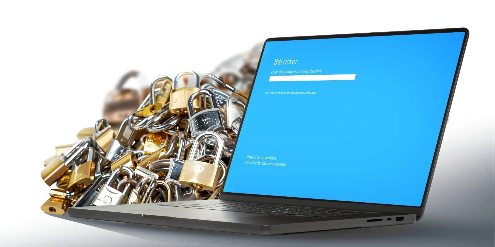 Màn hình máy tính xách tay hiển thị trường nhập mật khẩu BitLocker với biểu tượng khóa kim loại, thể hiện khả năng bảo mật dữ liệu mạnh mẽ của BitLocker.