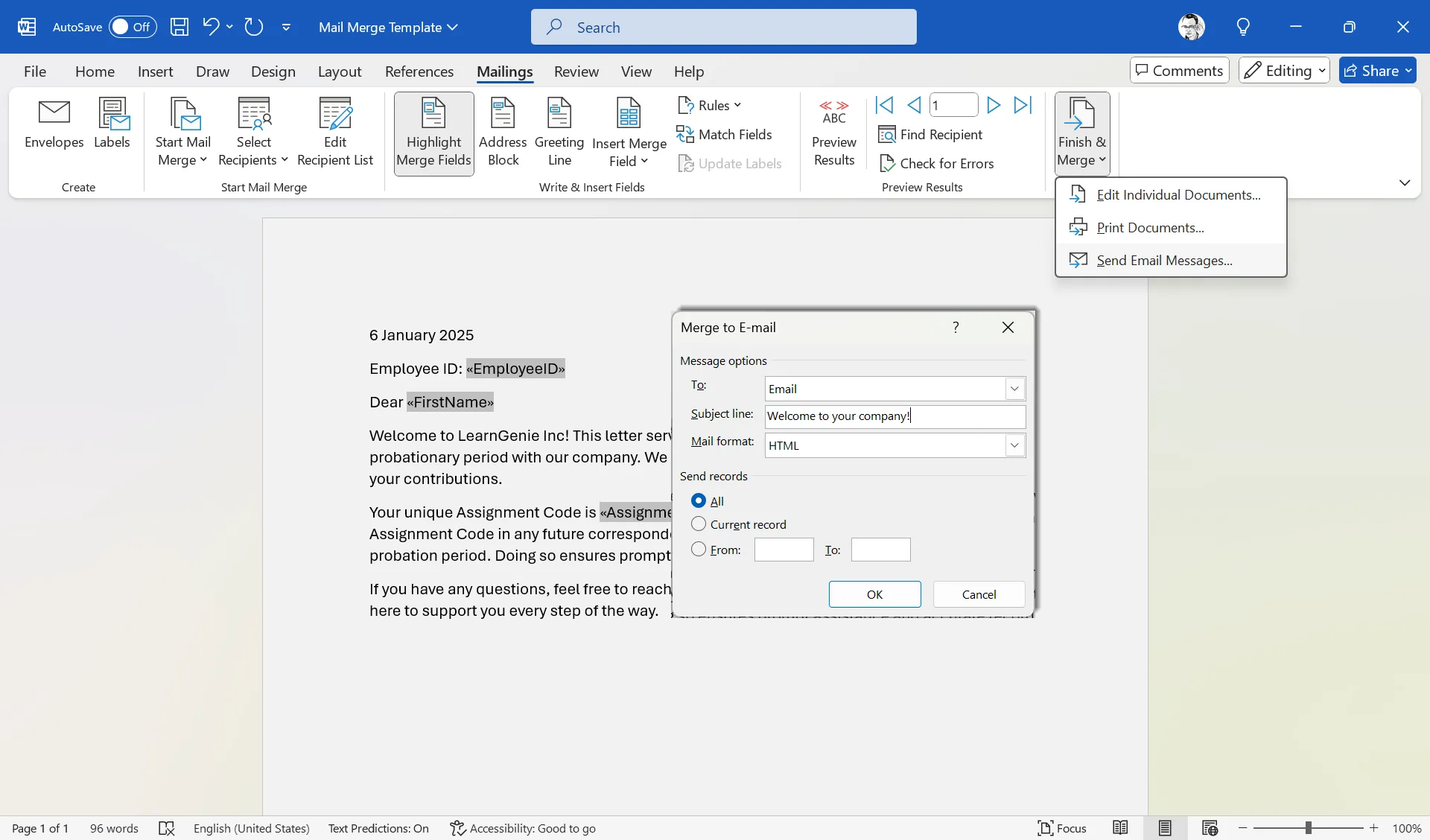 Màn hình Microsoft Word hiển thị tùy chọn 'Finish &amp; Merge' trong tab Mailings, với menu 'Send Email Messages' được chọn để hoàn tất quá trình trộn thư và gửi email qua Outlook.