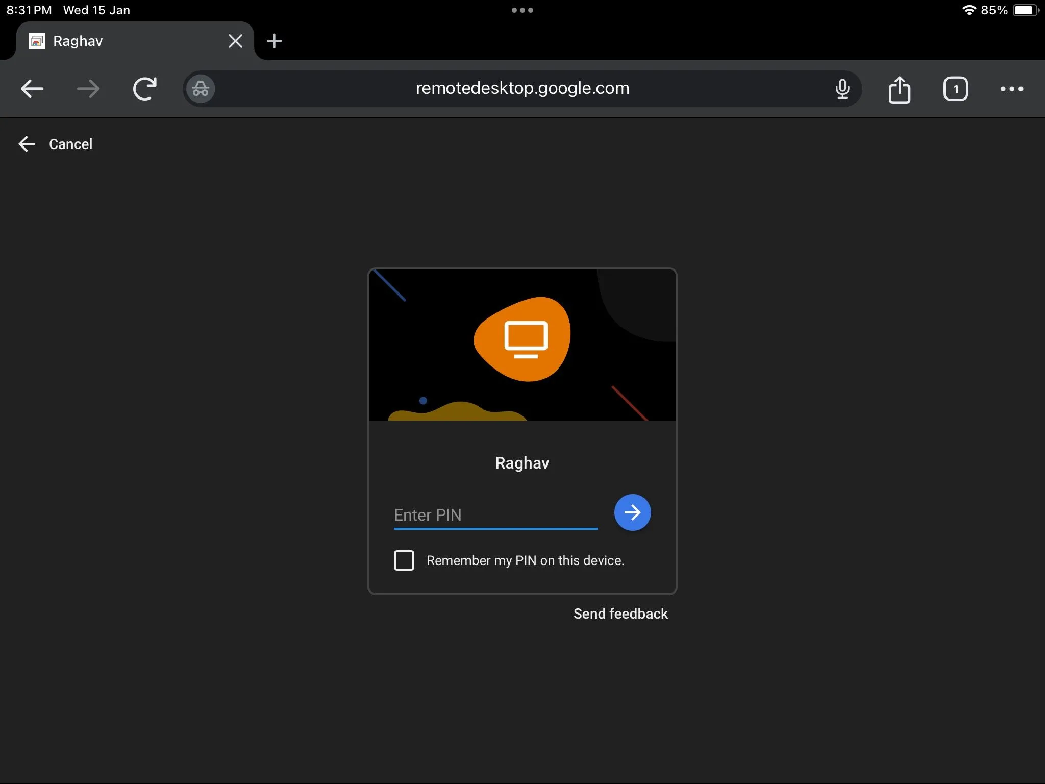 Màn hình nhập mã PIN để kết nối và điều khiển máy tính từ xa qua iPad