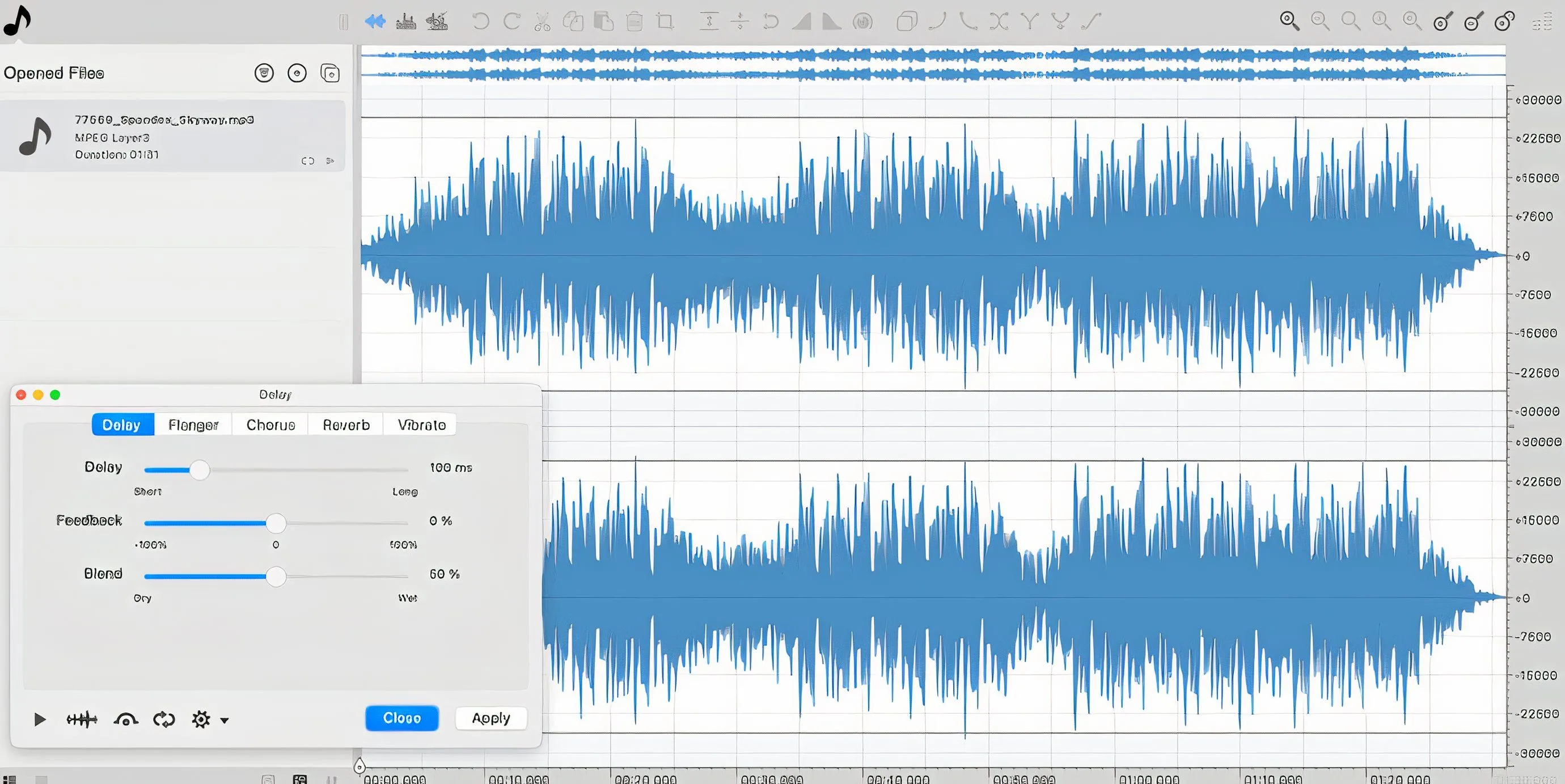 Màn hình Ocenaudio hiển thị lựa chọn hiệu ứng Delay để chỉnh sửa audio