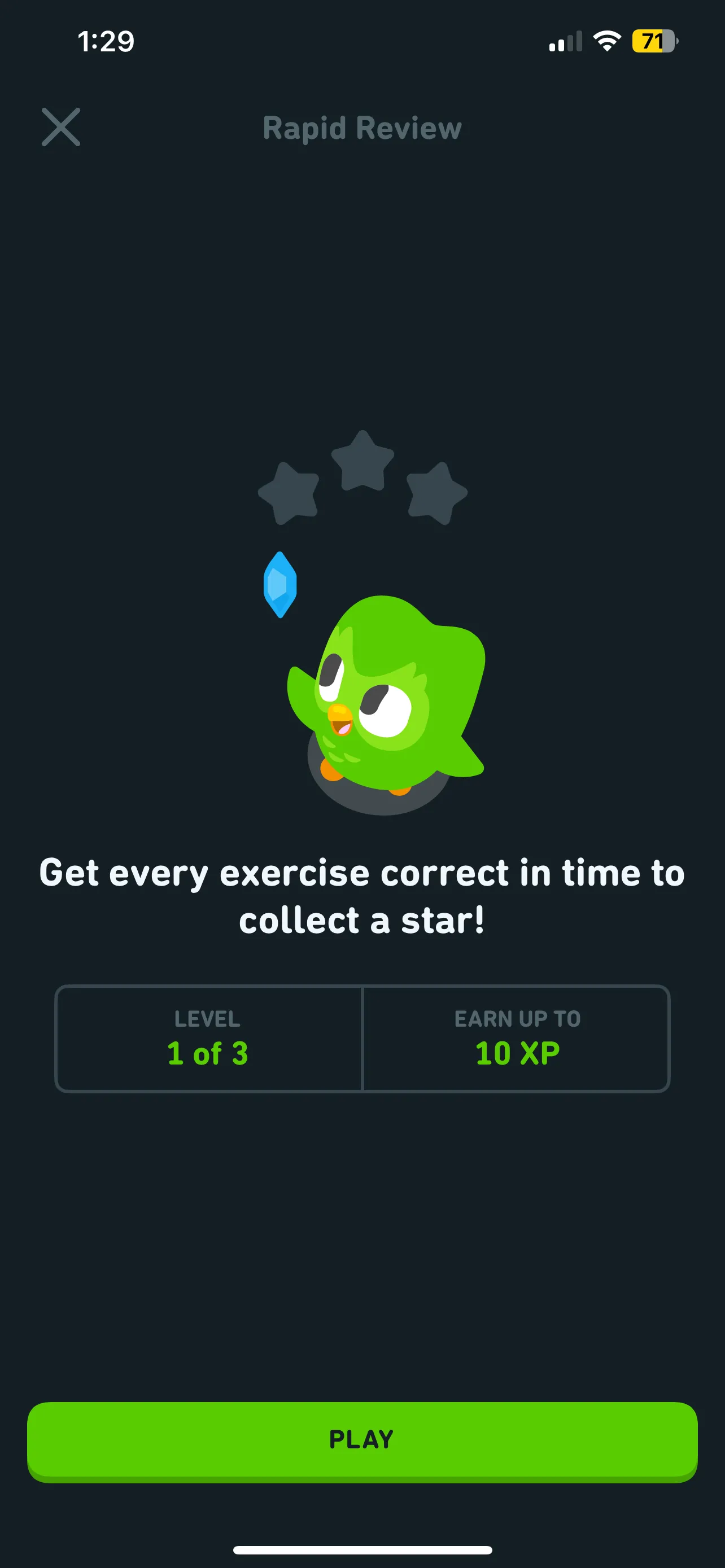 Màn hình Ôn tập nhanh (Rapid Review) trong ứng dụng Duolingo, hiển thị phiên luyện tập đầu tiên trong chuỗi 3 phiên