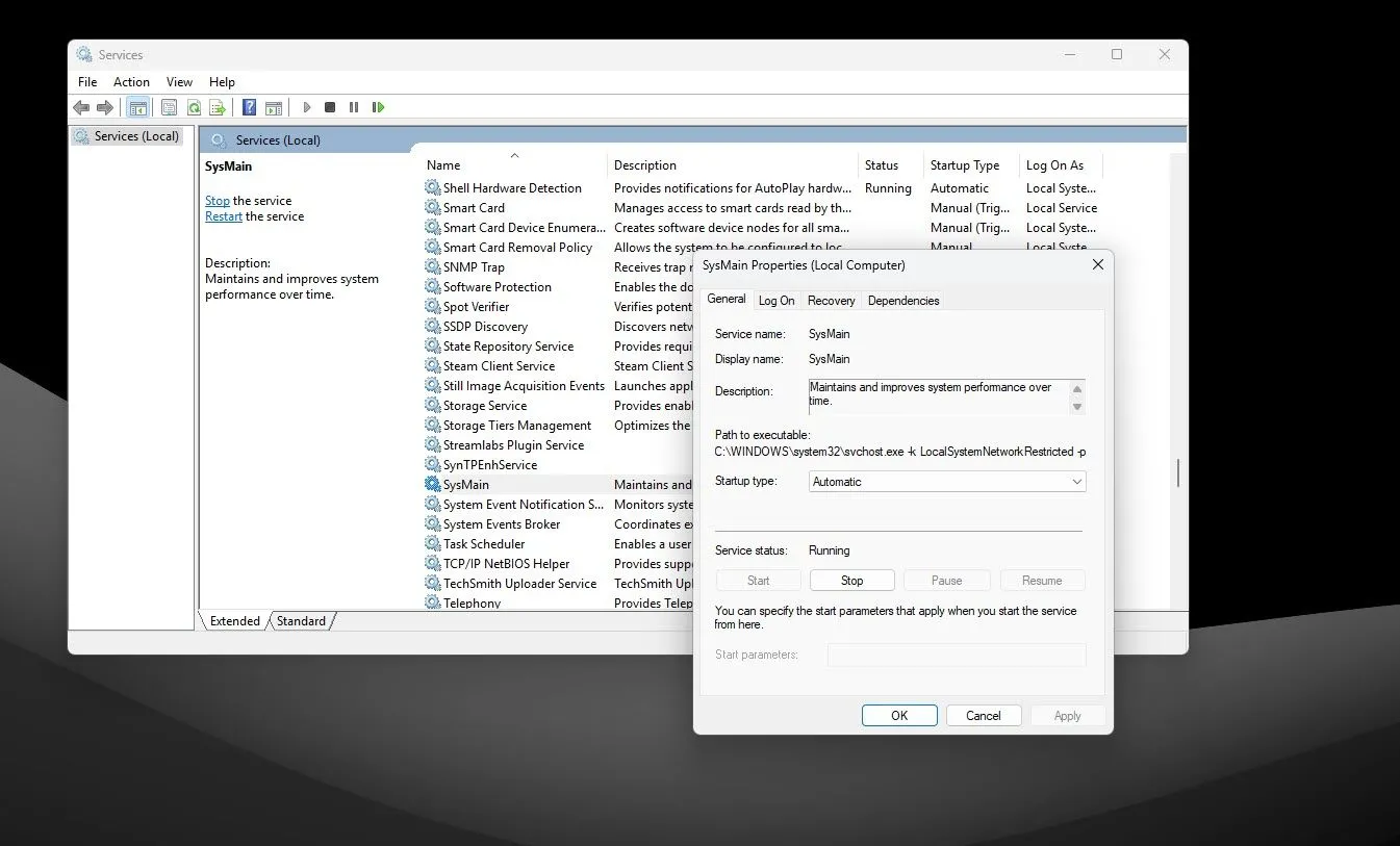 Màn hình quản lý dịch vụ SysMain trong Windows Services, hiển thị trạng thái và tùy chọn cấu hình