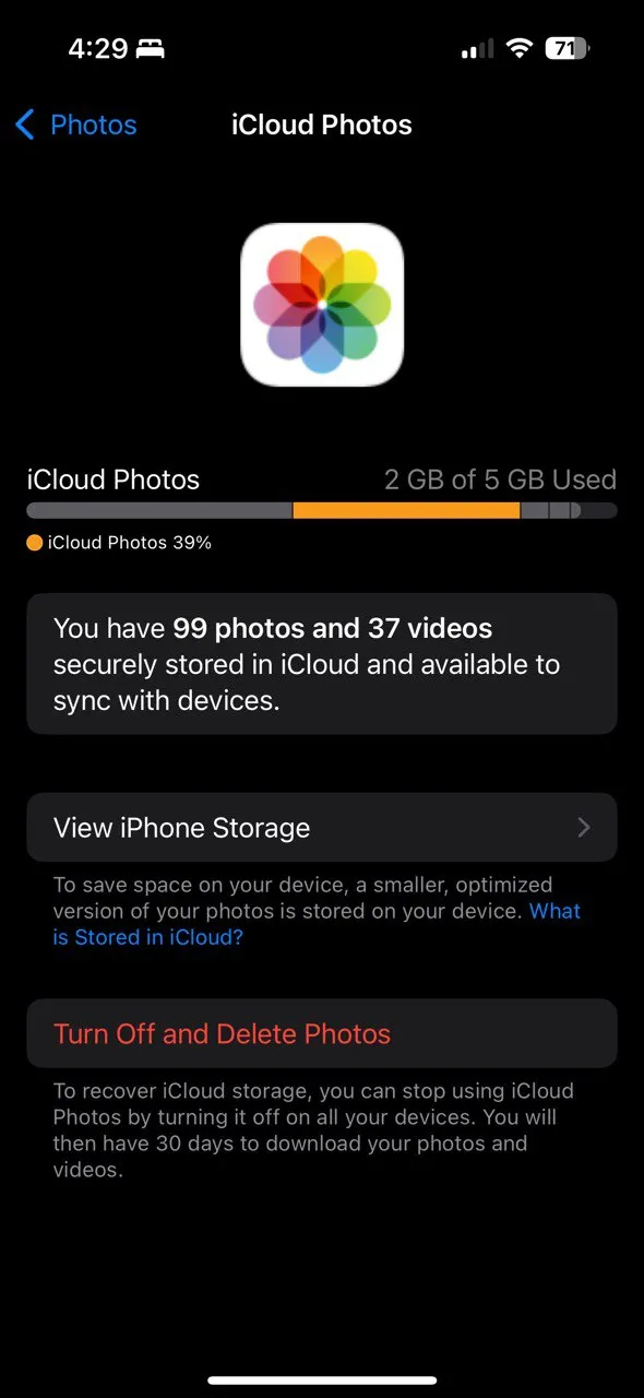 Màn hình quản lý dung lượng Ảnh iCloud trên iPhone, hiển thị tùy chọn &quot;Tối ưu hóa dung lượng iPhone&quot;.