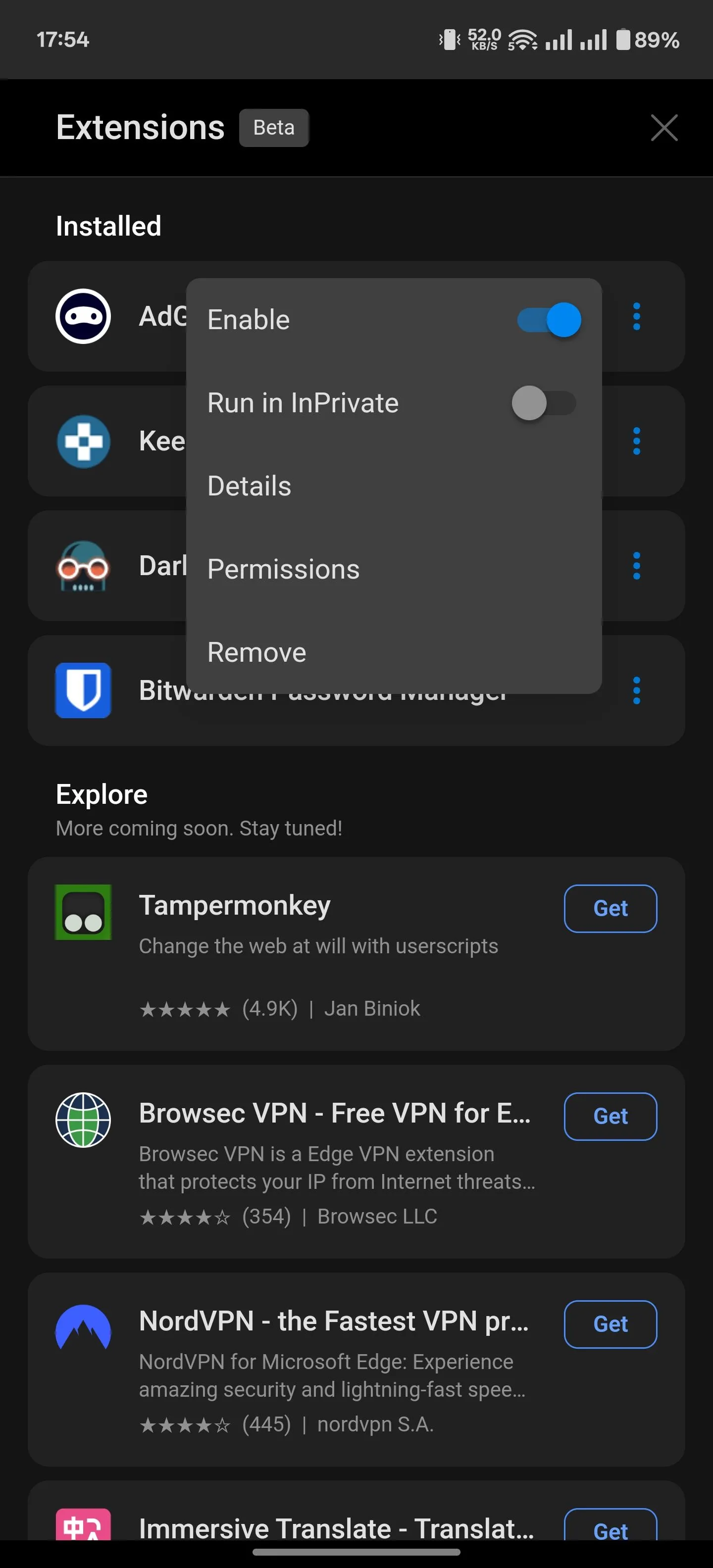 Màn hình quản lý tiện ích mở rộng đã cài đặt trên Edge Android, hiển thị các tùy chọn như vô hiệu hóa, bật chế độ InPrivate