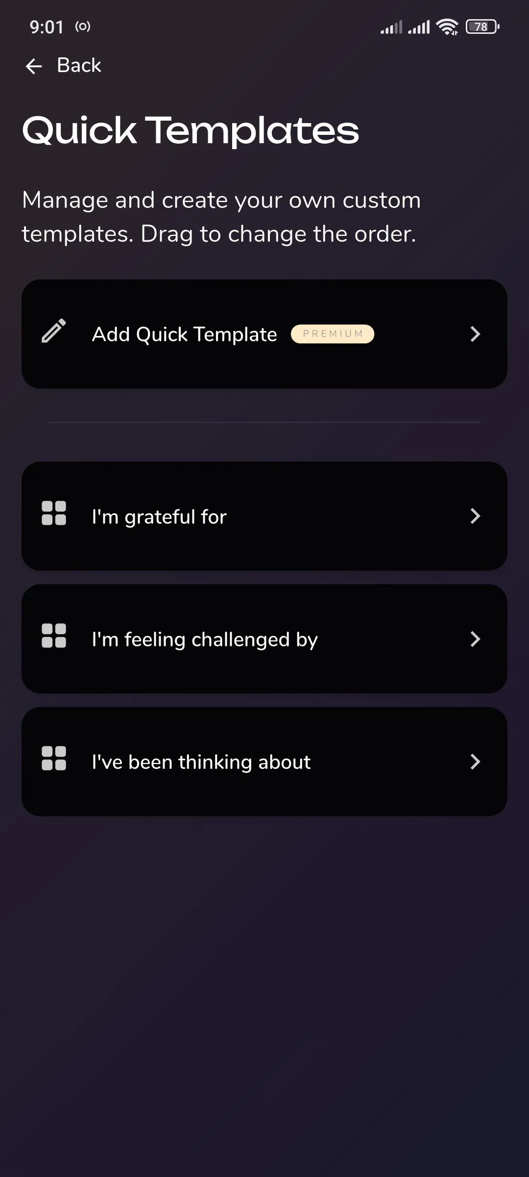 Màn hình Reflection.app hiển thị các mẫu nhanh và nút thêm mẫu, cho phép tùy chỉnh trải nghiệm ghi nhật ký.