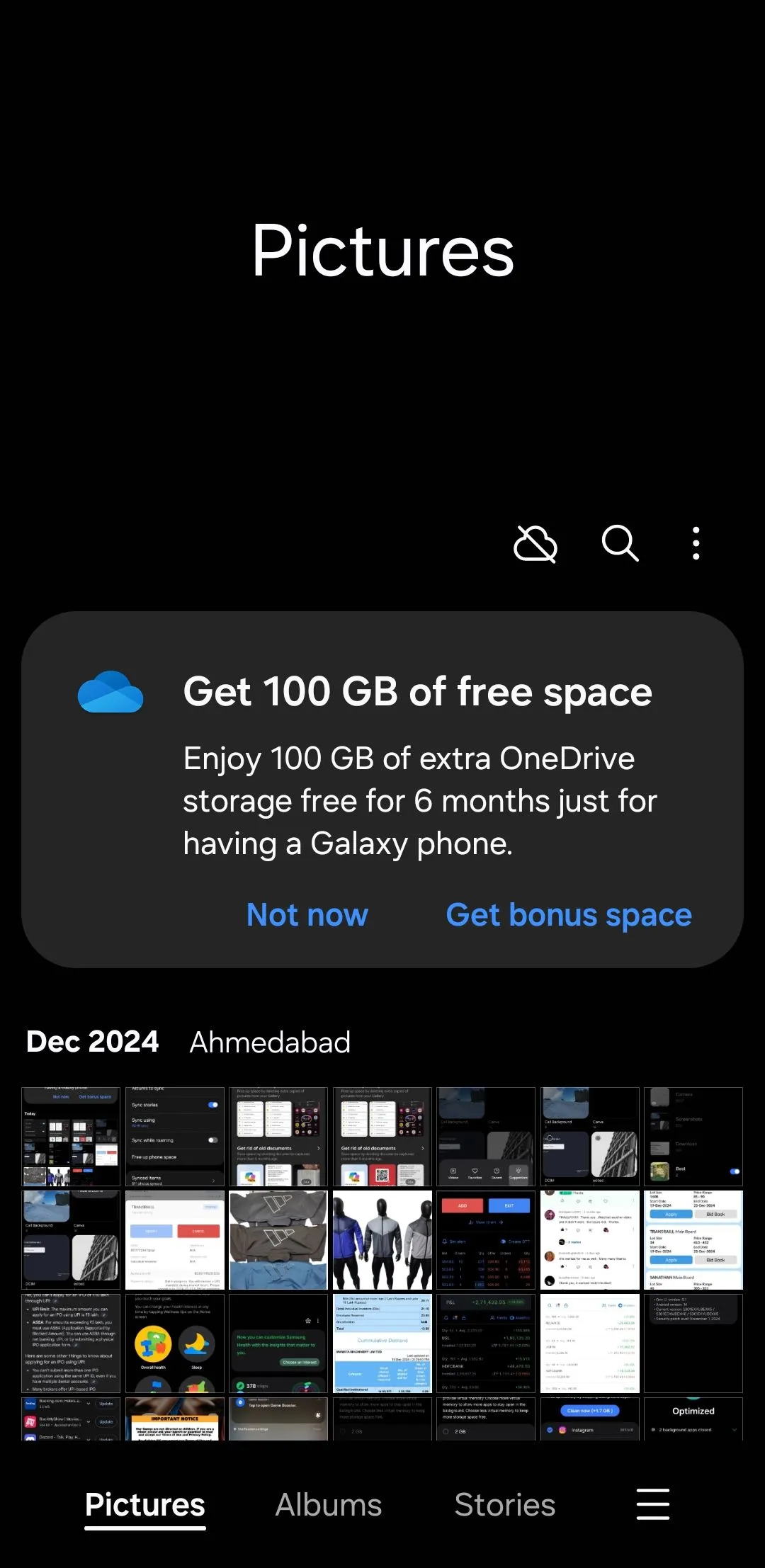 Màn hình Samsung Gallery hiển thị tùy chọn sao lưu ảnh lên OneDrive, làm nổi bật sự tích hợp dịch vụ lưu trữ đám mây của Microsoft.