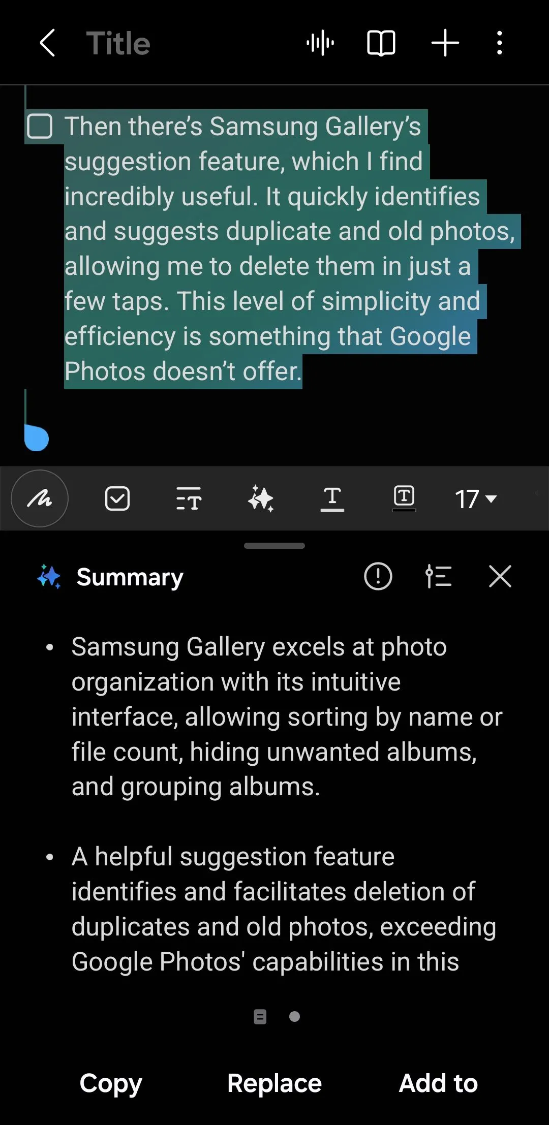Màn hình Samsung Notes hiển thị bản tóm tắt tự động của ghi chú dài